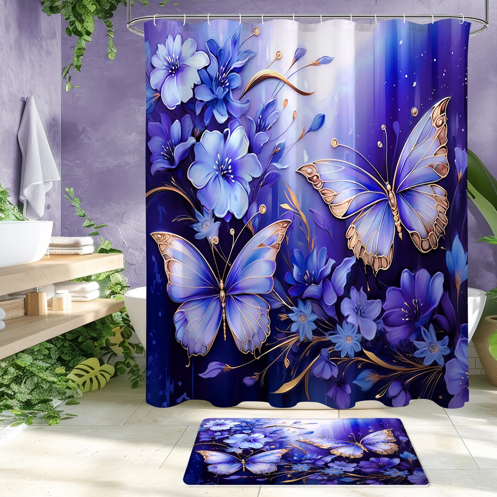 Litabel 4 Pcs Black Floral Butterfly Shower Curtain Set with Non-Slip Rugs, White Gold Modern Toilet Lid Cover and Bath Mat, Elegant Bathroom Decor Set (Hooks Not Included)