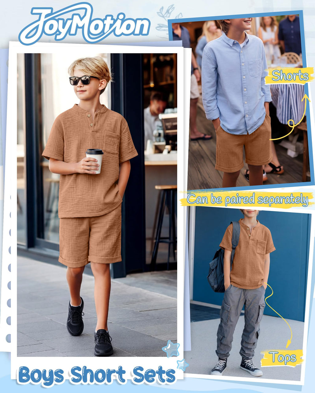 Boys 2 Piece Cotton Outfits 5-14Y Short Sleeve Button Down Shirt Shorts Pockets Summer Clothes Henley Casual Set