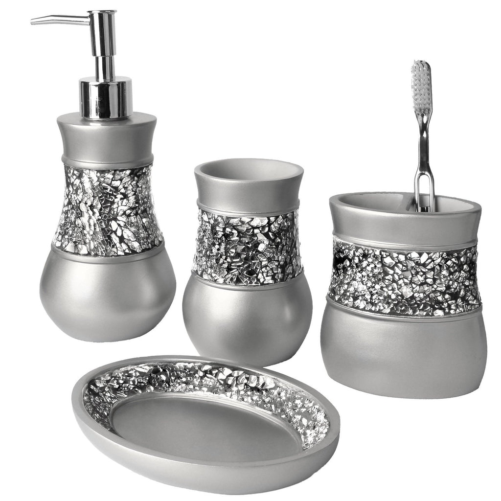 Creative Scents Crackled Glass Silver Bathroom Accessory Set – 4-Piece Vanity Set Includes: Lotion Soap Dispenser, Toothbrush Holder, Tumbler, and Soap Dish