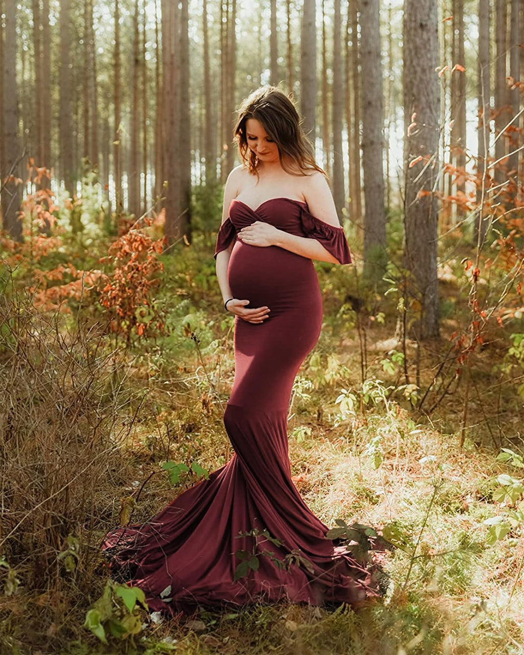 Saslax Off Shoulder Ruffle Sleeves Elegant Fitted Maxi Maternity Dress for Photoshoot Baby Shower