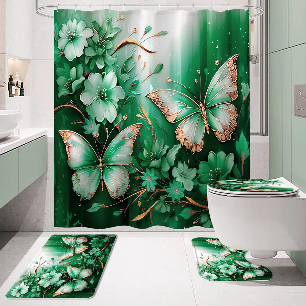 Litabel 4 Pcs Black Floral Butterfly Shower Curtain Set with Non-Slip Rugs, White Gold Modern Toilet Lid Cover and Bath Mat, Elegant Bathroom Decor Set (Hooks Not Included)