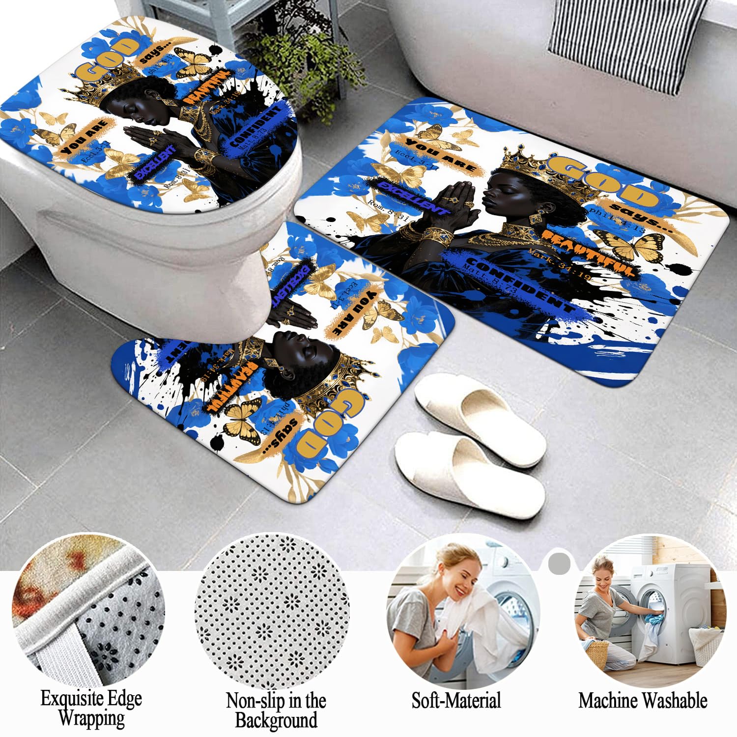 African American Shower Curtain Sets for Bathroom, Black Praying King Bathroom Sets with Waterproof Shower Curtain and Non-Slip Rugs Toilet Lid Cover Bath Mat, Cool Unique Man Bathroom Decor Sets
