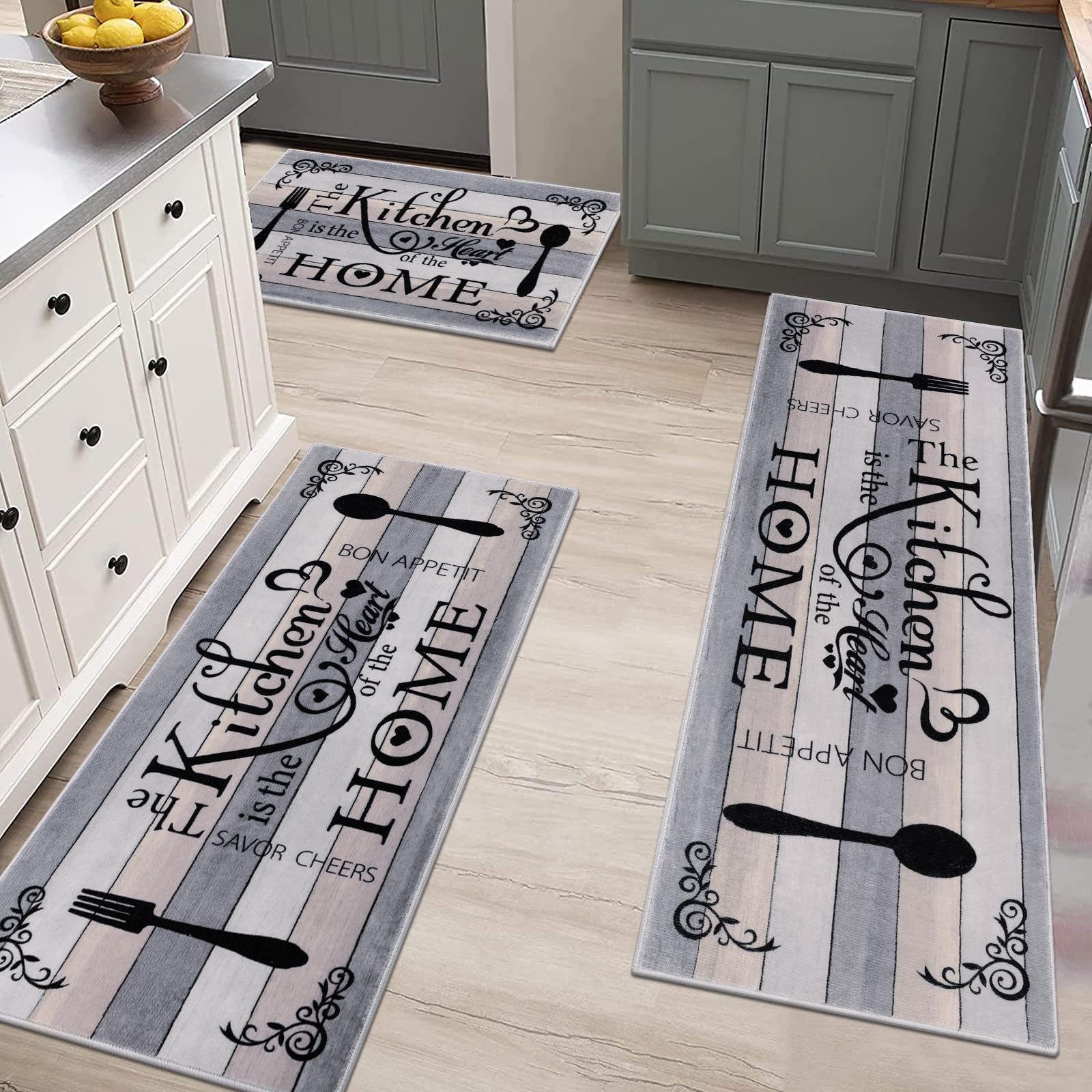 Vaukki Boho Kitchen Rug Sets 3 Pieces, Washable Kitchen Mats for Floor, Non Slip Soft Kitchen Area Rug Floor Mat for Kitchen, Laundry Room and Hallway (Grey and Beige, 20''x32''+20''x47''+20''x59'')