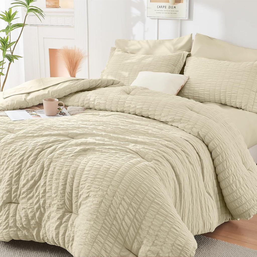 HYMOKEGE 7 Piece King Size Comforter Set Seersucker, All Season Luxury Bed in a Bag for Bedroom, Bedding Set with Comforters, Sheets, Pillowcases & Shams, Dark Grey