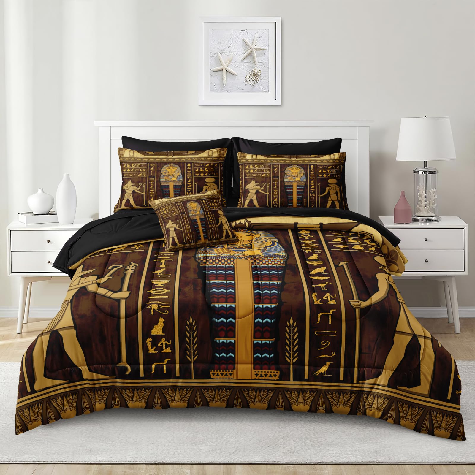 Ancient Egypt Comforter Set Black Gold Bedding Set Pharaoh Tribal Retro Comforter Egypt Cultural Theme Bedroom Decor Boho Exotic Vintage Bedding King Bed in A Bag