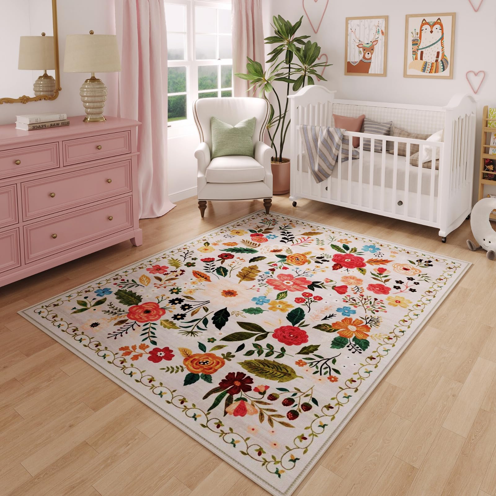 Rugcomf Area Rugs 8x10 Rug for Living Room Clearance Washable Boho Area Rug Non Slip Floral Vintage Low Pile Large Rug for Living Room, Bedroom, Farmhouse, Dining Room, Kids Playroom(Black)
