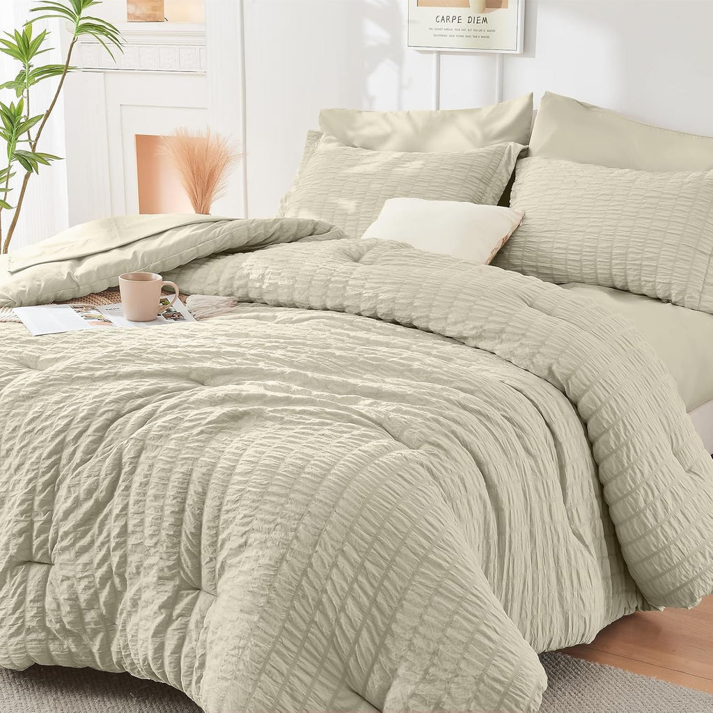 HYMOKEGE 7 Piece King Size Comforter Set Seersucker, All Season Luxury Bed in a Bag for Bedroom, Bedding Set with Comforters, Sheets, Pillowcases & Shams, Dark Grey
