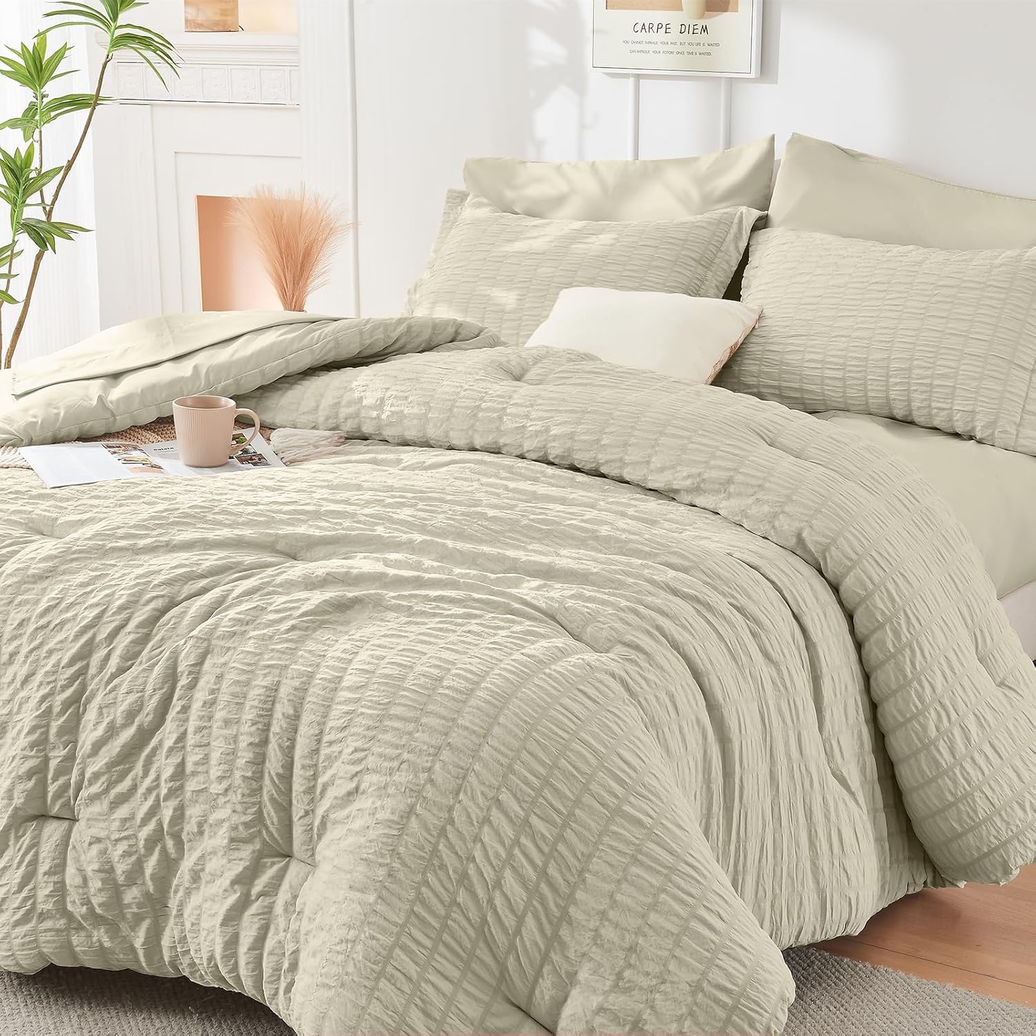 HYMOKEGE 7 Piece King Size Comforter Set Seersucker, All Season Luxury Bed in a Bag for Bedroom, Bedding Set with Comforters, Sheets, Pillowcases & Shams, Dark Grey