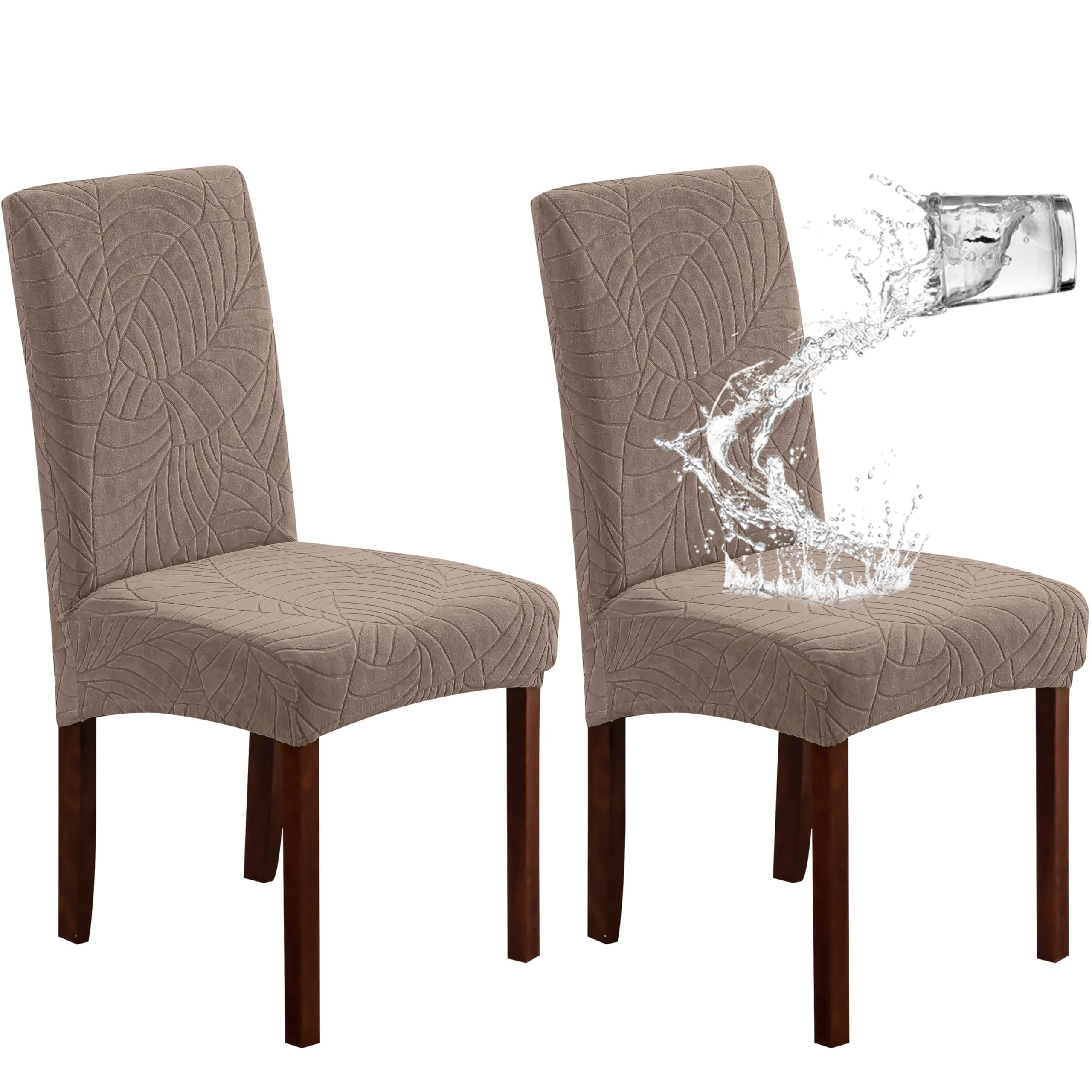 Genina Waterproof Chair Covers for Dining Room 6 Pack, Stretch Jacquard Dining Chair Cover Removable Washable Chair Protectors Cover for Kitchen, Home (Leaves-Warm Gray, 6 PCS)