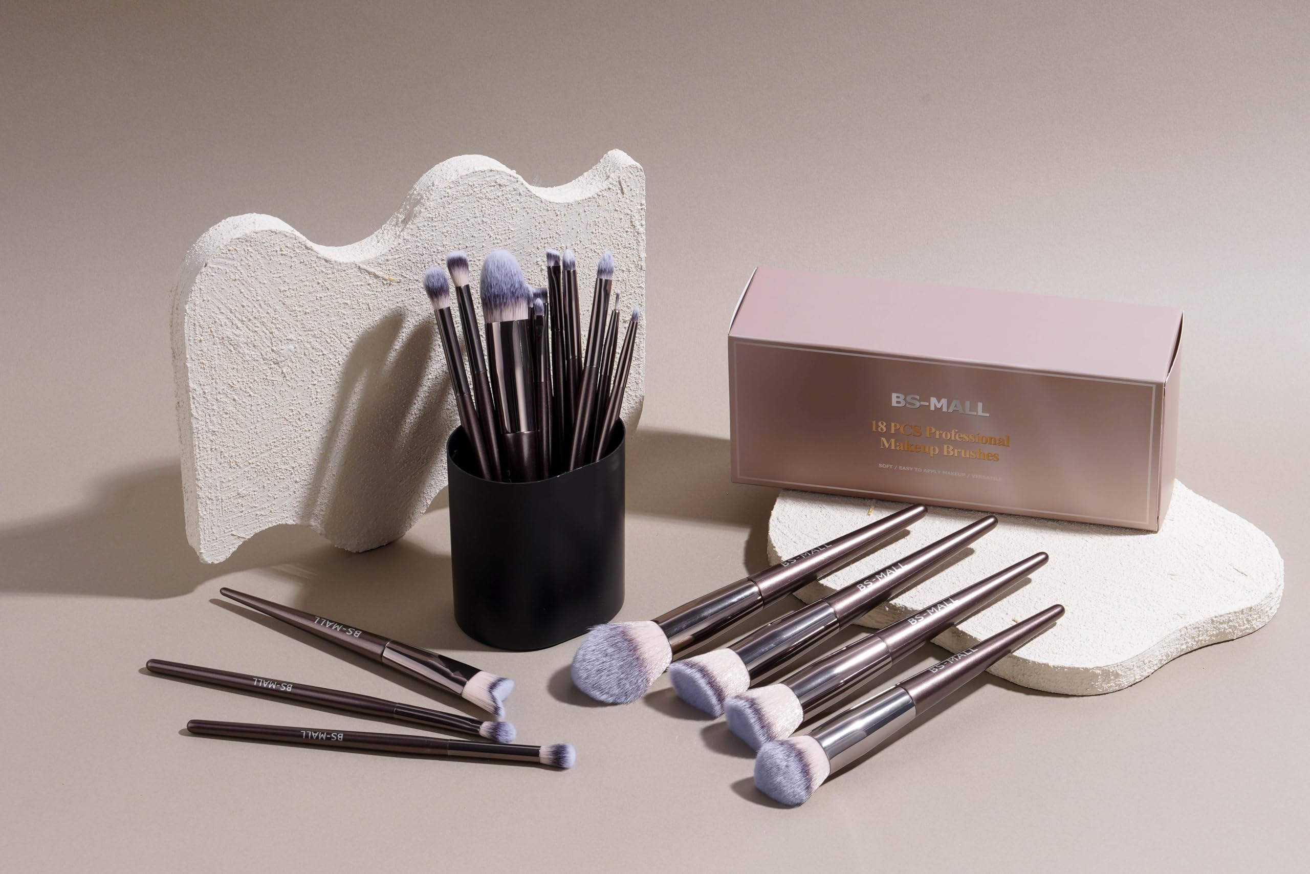 BS-MALL Makeup Brush Set 18 Pcs Professional Foundation Powder Concealers Eyeshadow Blush Synthetic Makeup Brushes with Labeled instruction Black Case Upgraded Version
