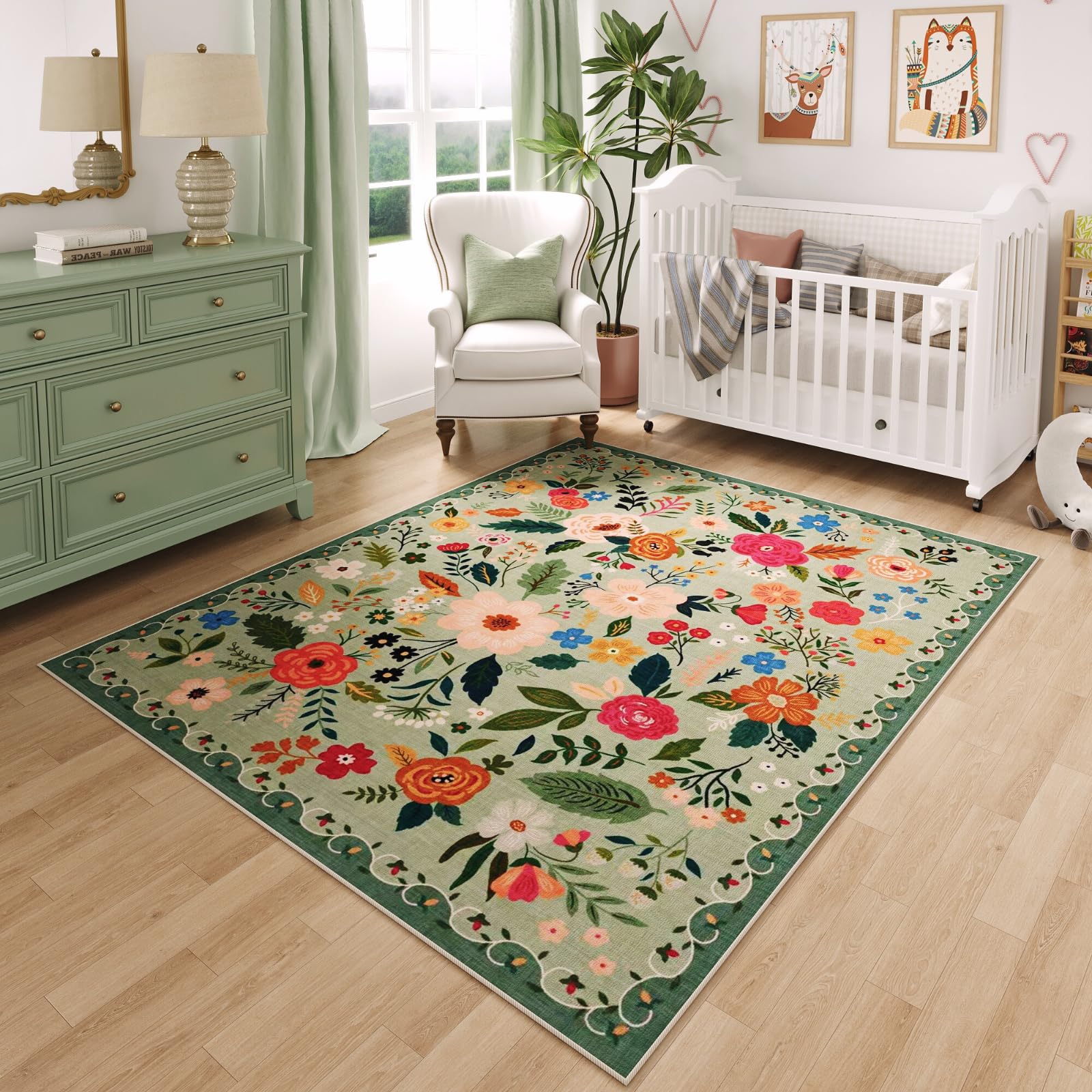 Rugcomf Area Rugs 8x10 Rug for Living Room Clearance Washable Boho Area Rug Non Slip Floral Vintage Low Pile Large Rug for Living Room, Bedroom, Farmhouse, Dining Room, Kids Playroom(Black)