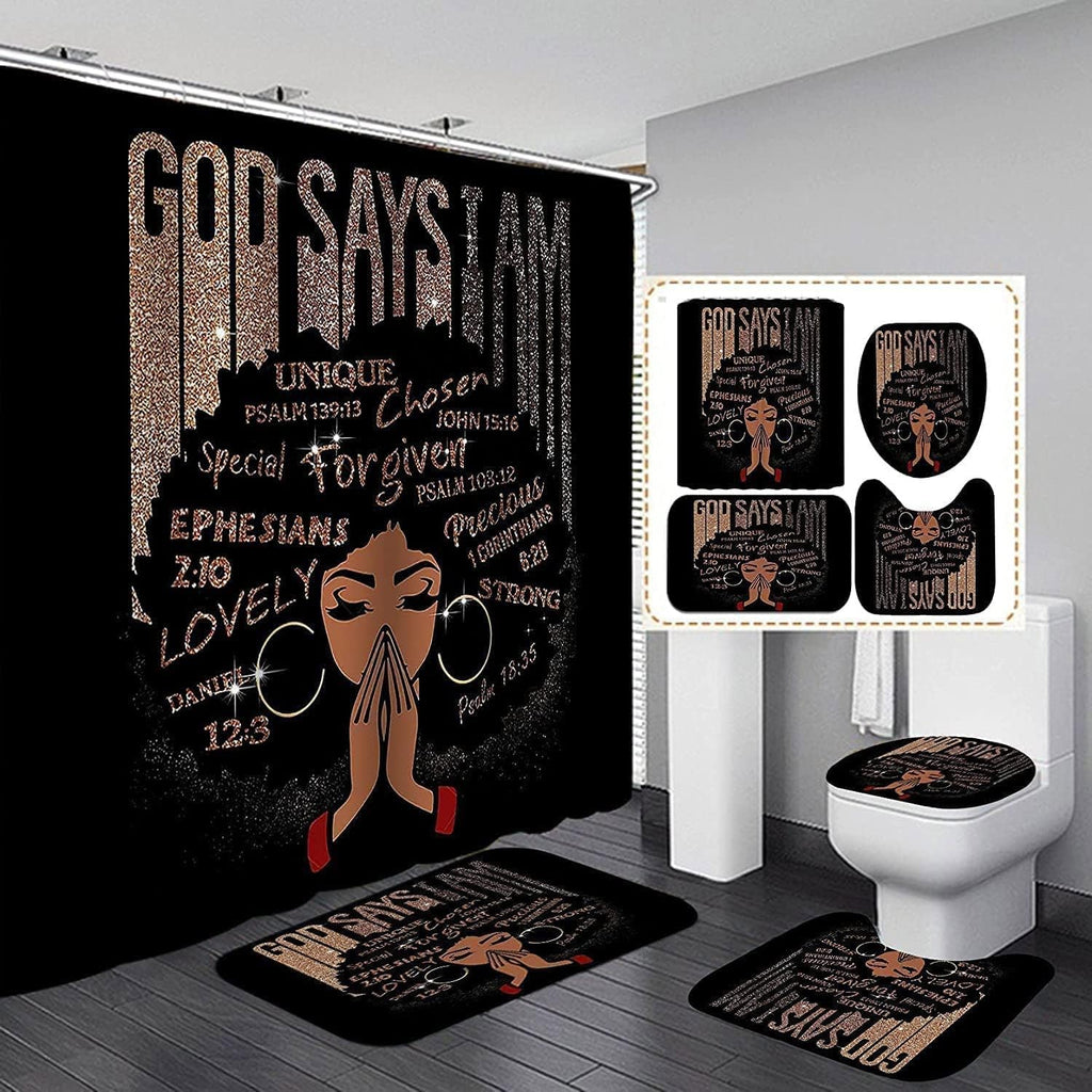 African American Shower Curtain Sets for Bathroom, Black Praying King Bathroom Sets with Waterproof Shower Curtain and Non-Slip Rugs Toilet Lid Cover Bath Mat, Cool Unique Man Bathroom Decor Sets