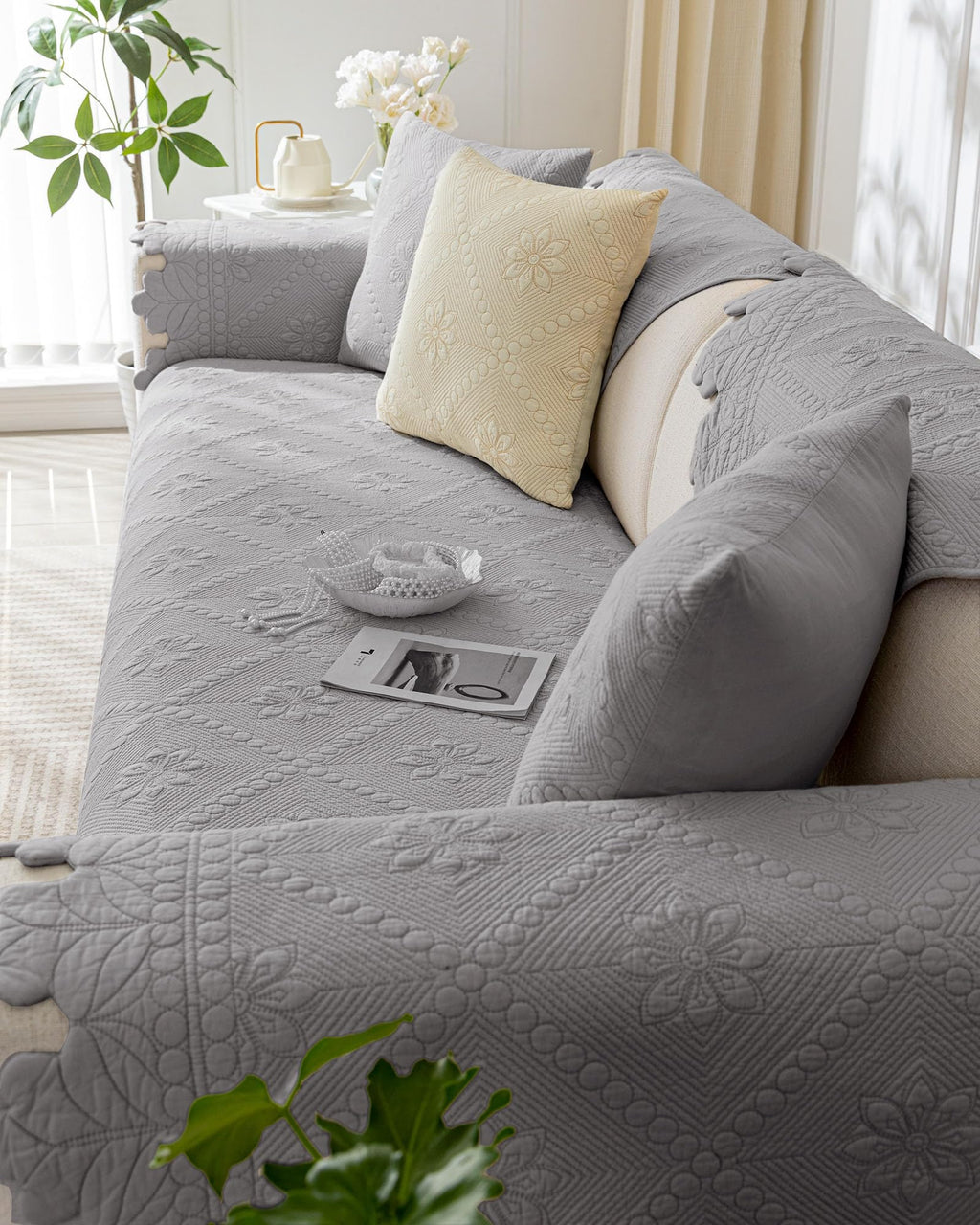 Cotton Quilted Dog Couch Cover for Sofa Farmhouse Rustic Embroidery Sectional Couch Cover Soft Anti-Slip Sofa Slipcover Furniture Protector for Kids, Pets (Khaki,36"x36")