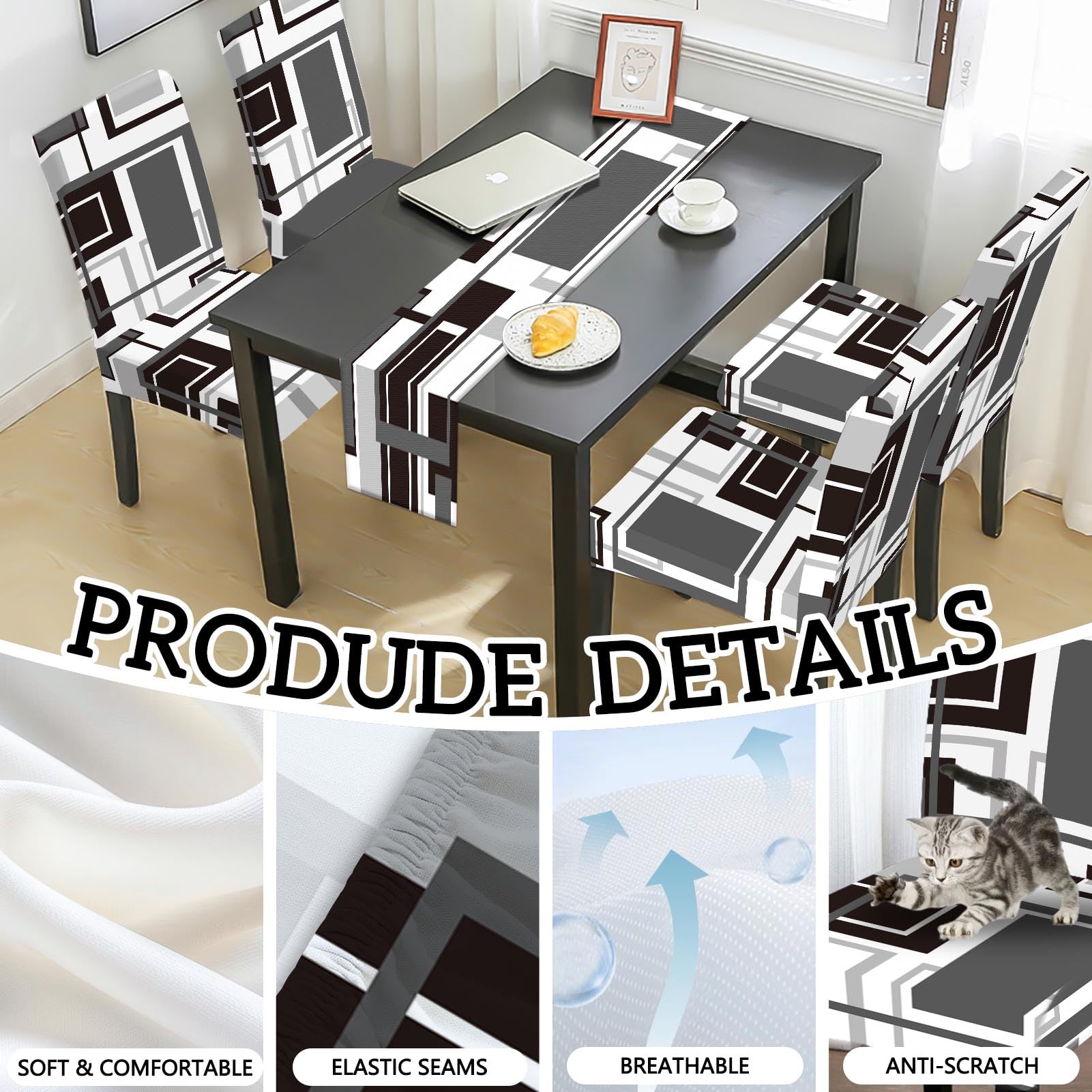 MCALK Geometric Navy Blue Chair Covers Set of 4 and Table Runner,Stretch Navy Blue Chair Slipcovers for Kitchen,Washable Removable Chair Protector Modern Chair Covers for Dining Room