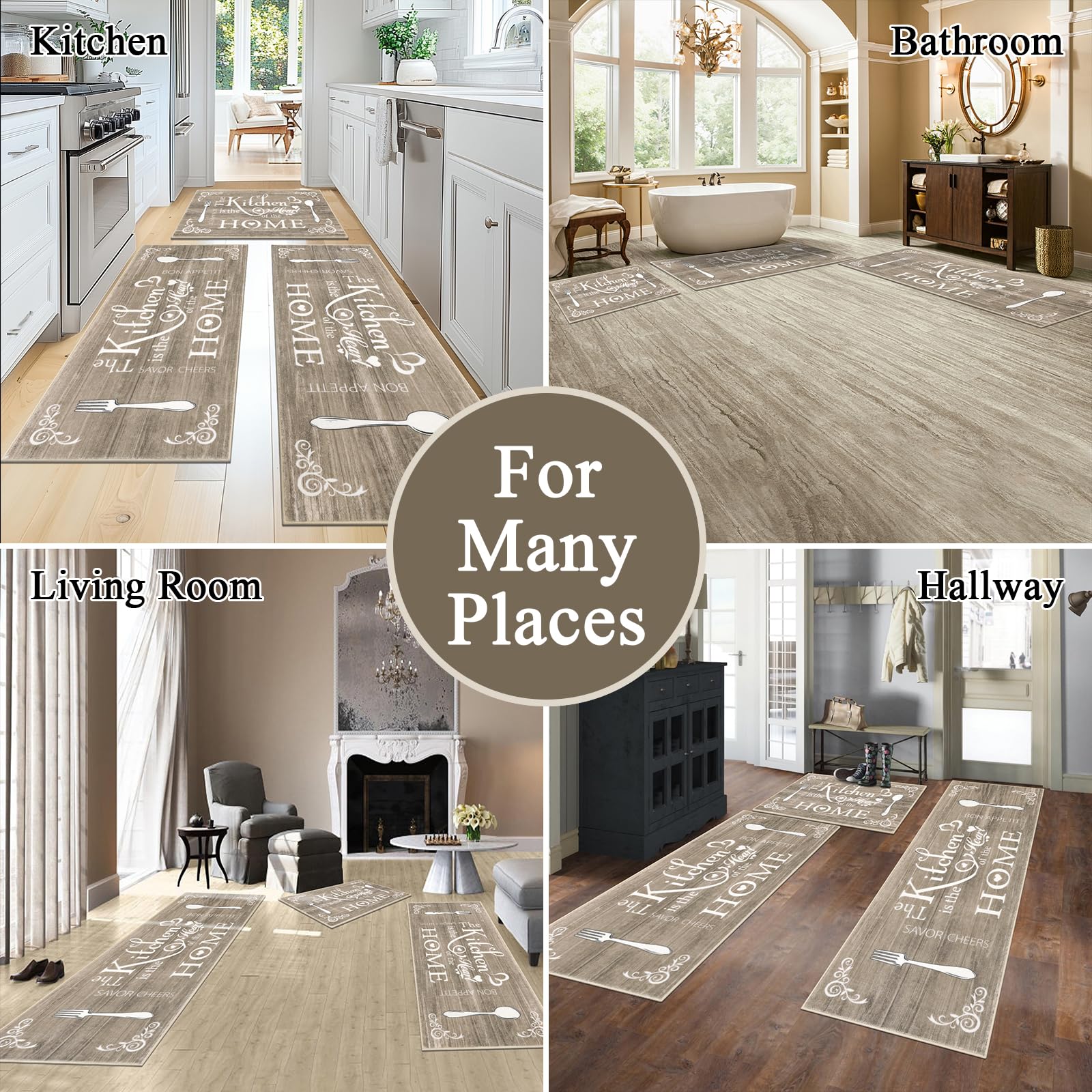 Vaukki Boho Kitchen Rug Sets 3 Pieces, Washable Kitchen Mats for Floor, Non Slip Soft Kitchen Area Rug Floor Mat for Kitchen, Laundry Room and Hallway (Grey and Beige, 20''x32''+20''x47''+20''x59'')