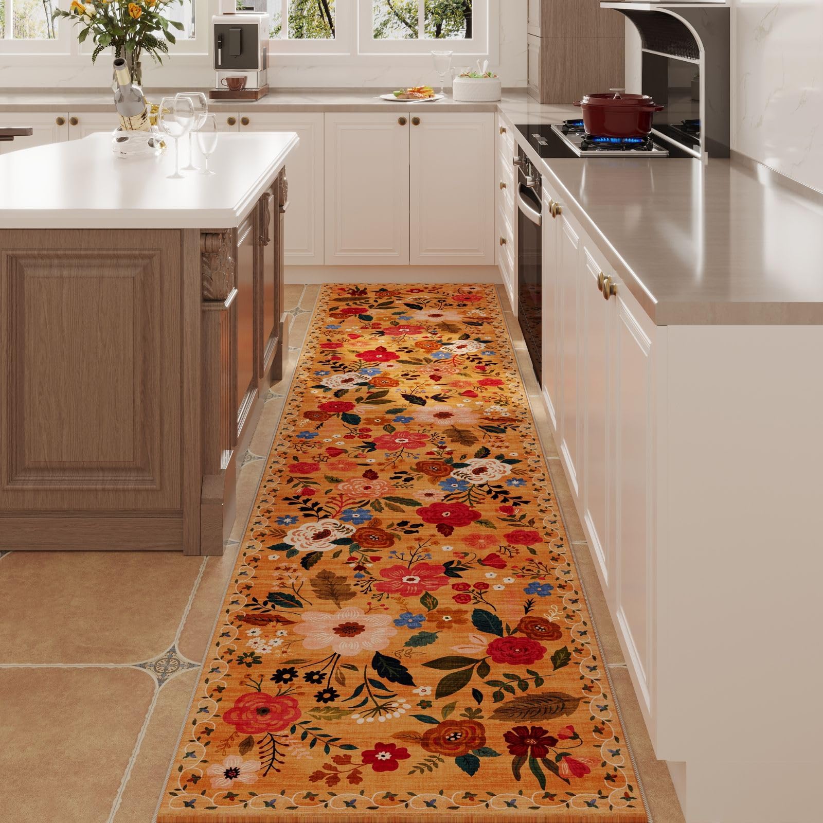 Rugcomf Area Rugs 8x10 Rug for Living Room Clearance Washable Boho Area Rug Non Slip Floral Vintage Low Pile Large Rug for Living Room, Bedroom, Farmhouse, Dining Room, Kids Playroom(Black)