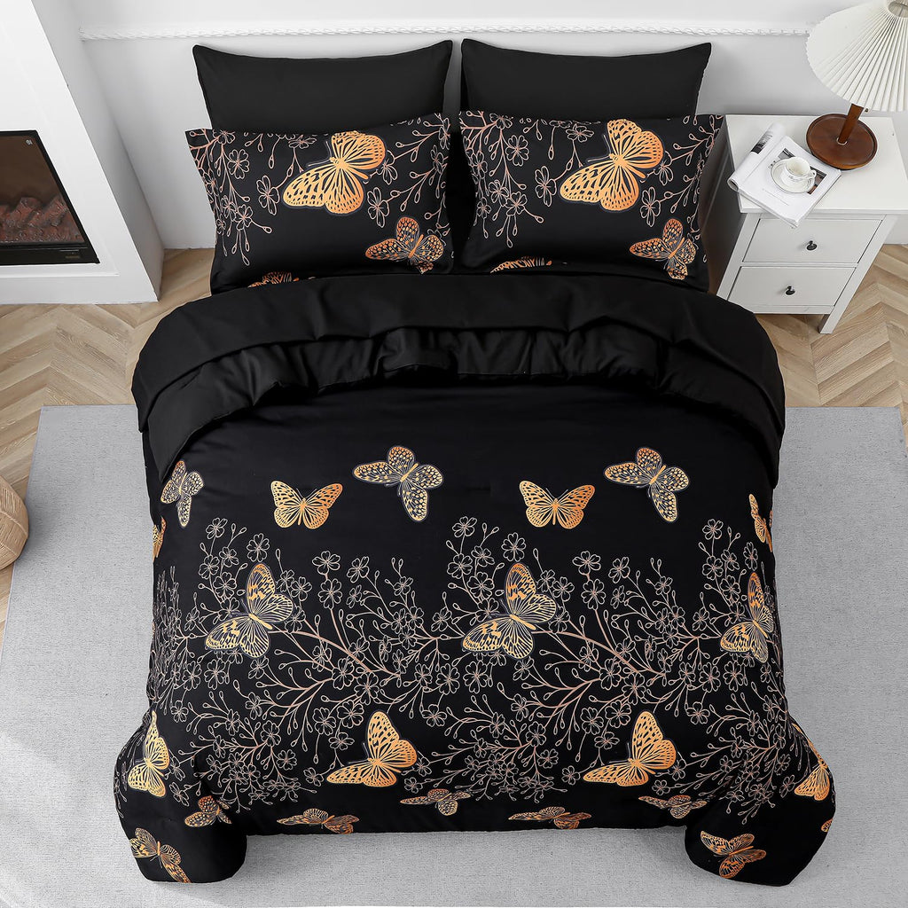 Yogeneg 7 Piece Bed in a Bag King Size Comforter Set Black Bedding Set,Gold Butterfly Leaves Printed on Black Reversible Design,Soft Microfiber Comforter with Sheet Set,All Season(Butterfly,King)