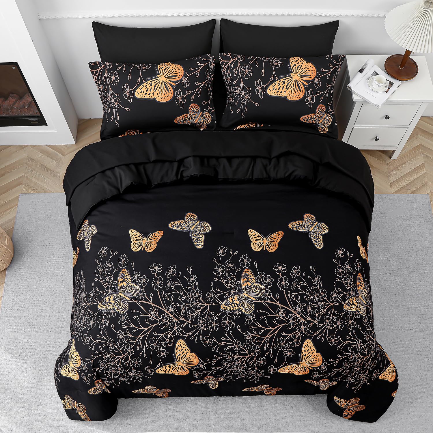 Yogeneg 7 Piece Bed in a Bag King Size Comforter Set Black Bedding Set,Gold Butterfly Leaves Printed on Black Reversible Design,Soft Microfiber Comforter with Sheet Set,All Season(Butterfly,King)