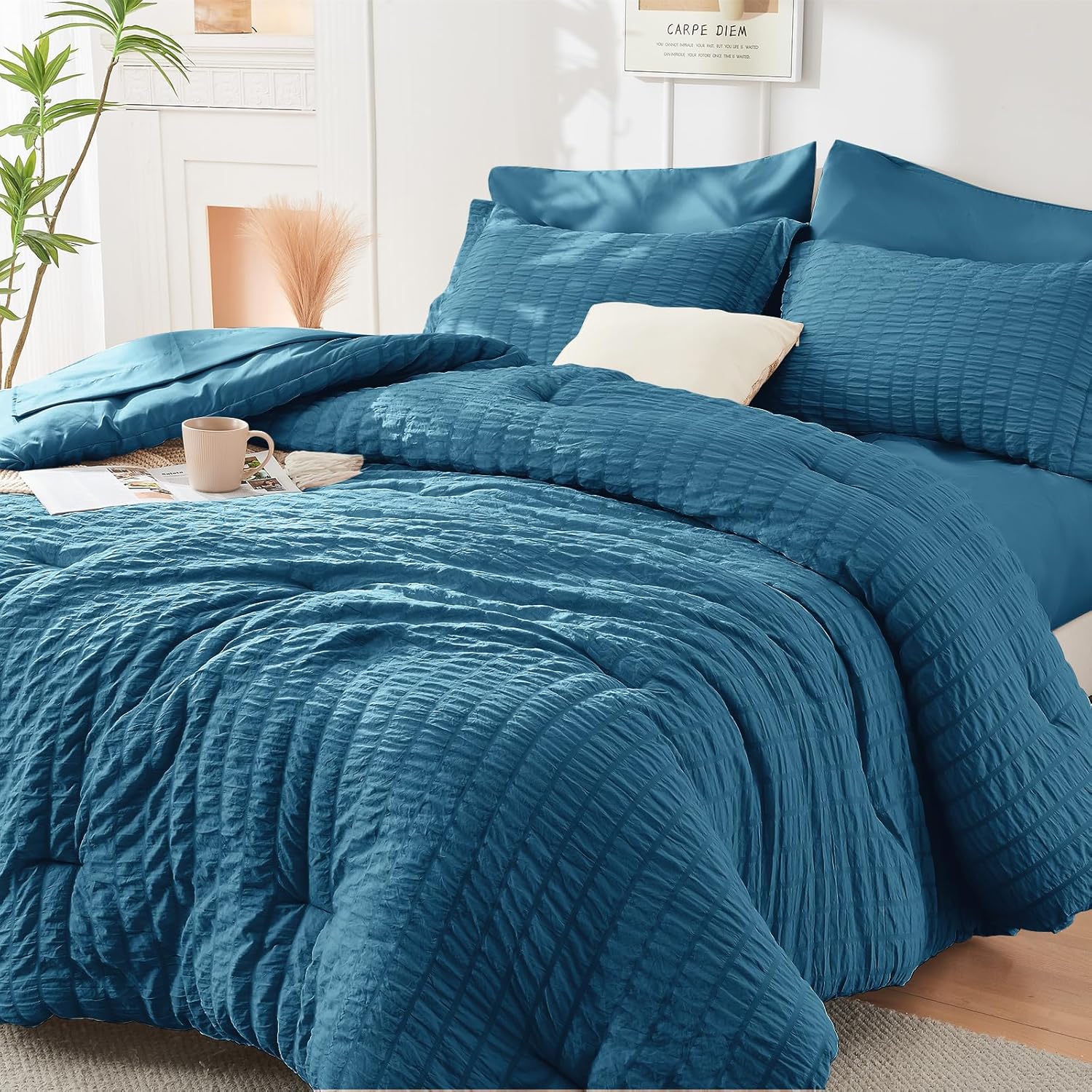 HYMOKEGE 7 Piece King Size Comforter Set Seersucker, All Season Luxury Bed in a Bag for Bedroom, Bedding Set with Comforters, Sheets, Pillowcases & Shams, Dark Grey