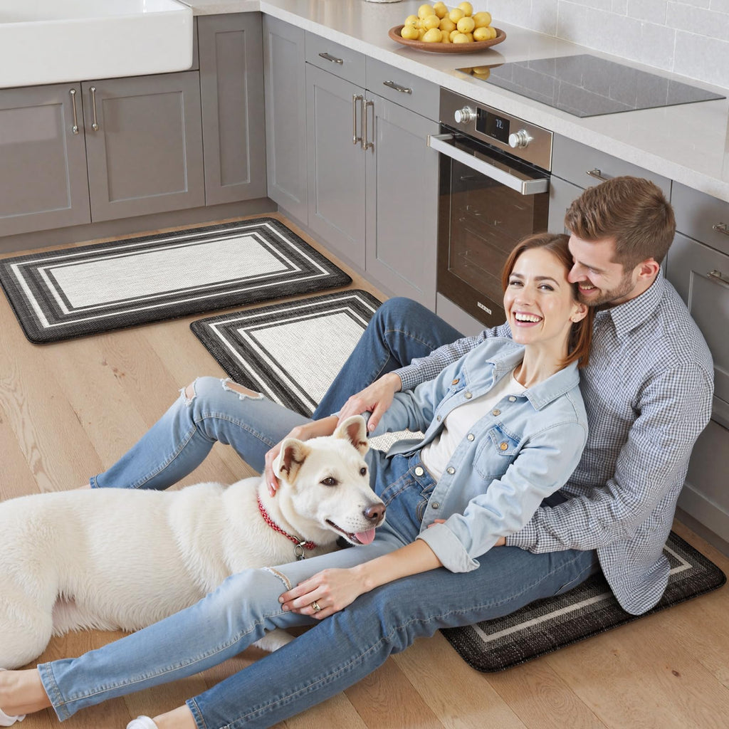 KIMODE Kitchen Mats 2PCS,Cushioned Anti Fatigue Kitchen Rugs and Mats,Non Skid Waterproof Kitchen Mats for Floor,Comfort Foam Standing Mat for Home Decor, Office,Sink,Laundry Room,Desk,Black and White