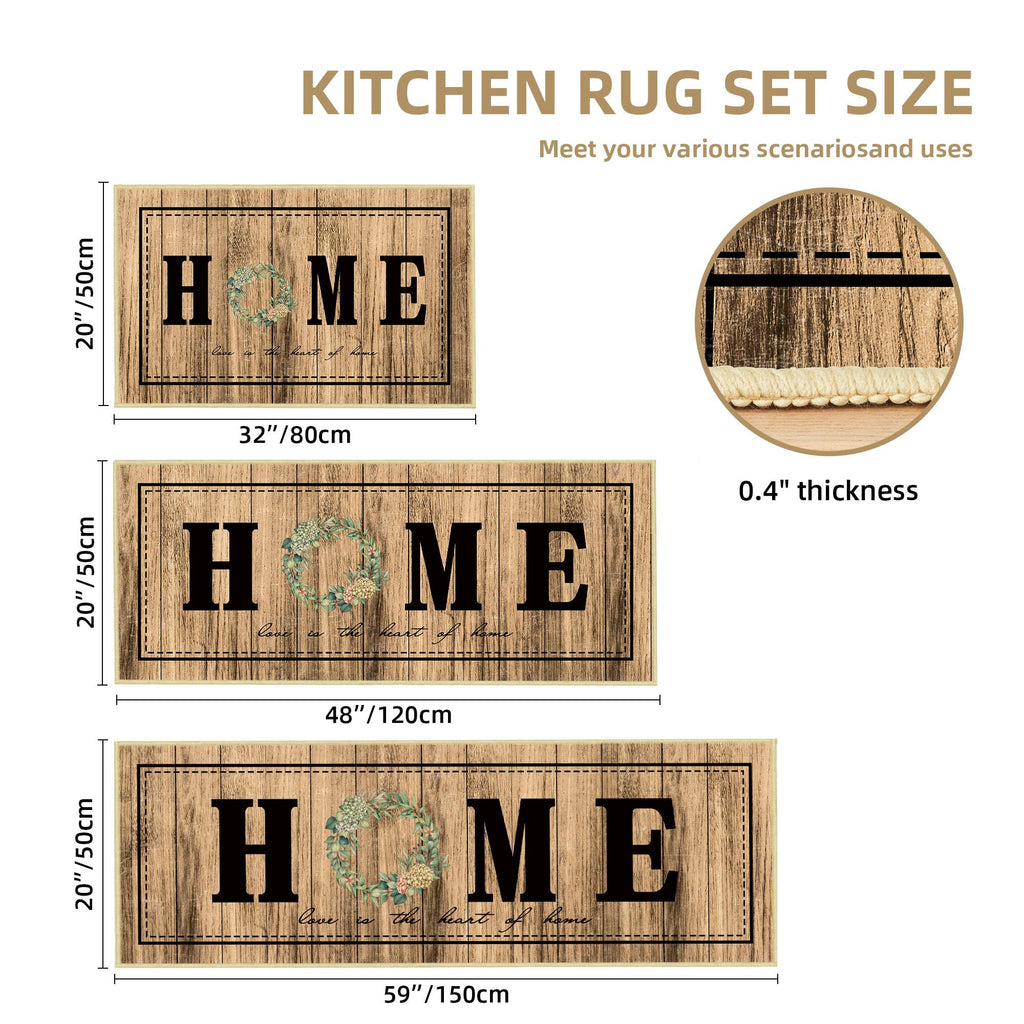 Tritard 100% Non Slip Kitchen Mats for Floor Washable Kitchen Rugs Sets of 3 Farmhouse Kitchen Runner Rug Soft Rustic Kitchen Floor Carpet for Hallway, Laundry, Sink, Office, Brown