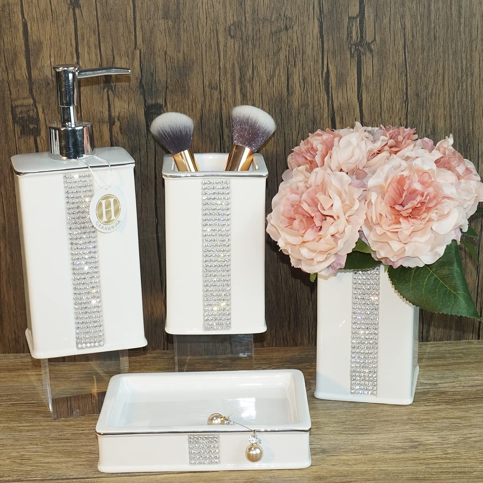 Bathroom Accessories Set 4 Pcs-Ceramic Gift Set Soap Dispenser Pump & Toothbrush Holder & Tumbler Cup & Soap Dish - Bathroom Home Decor Clearance, Countertop Vanity Organize (15 Ounce)