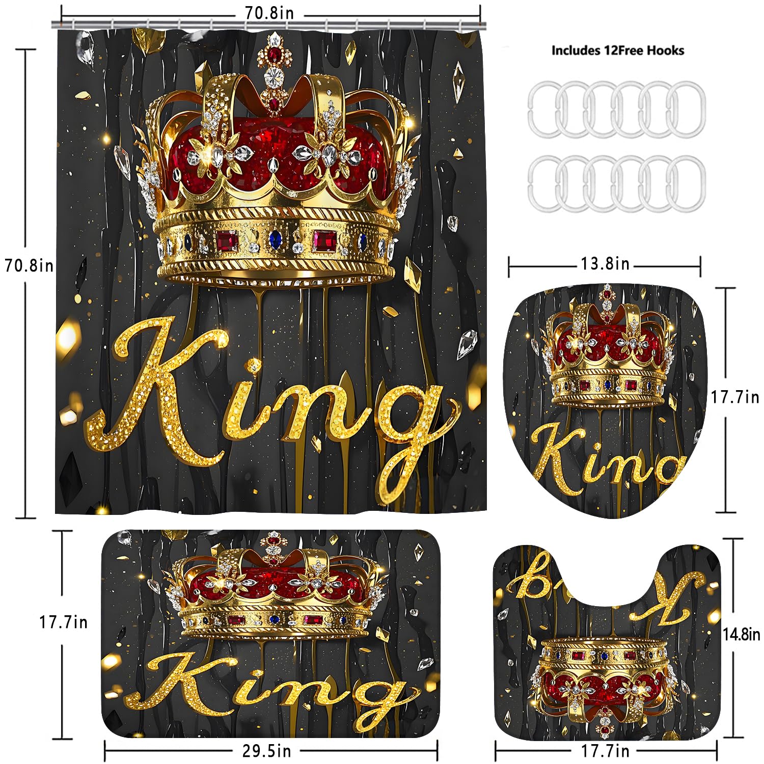 AZHM Golden Crown Print Shower Curtain Set Black Luxury Bathroom Accessories Sets with Shower Curtain and Rugs