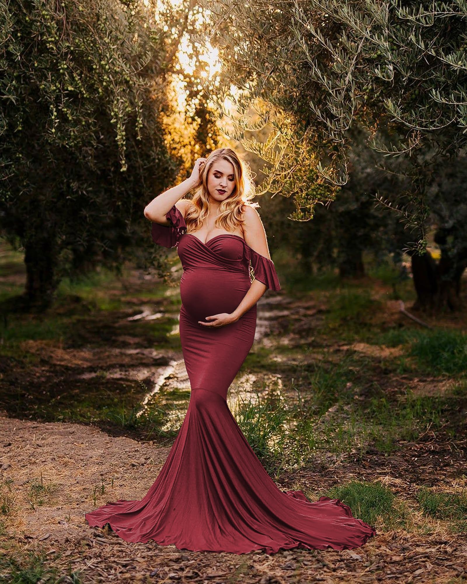 Saslax Off Shoulder Ruffle Sleeves Elegant Fitted Maxi Maternity Dress for Photoshoot Baby Shower