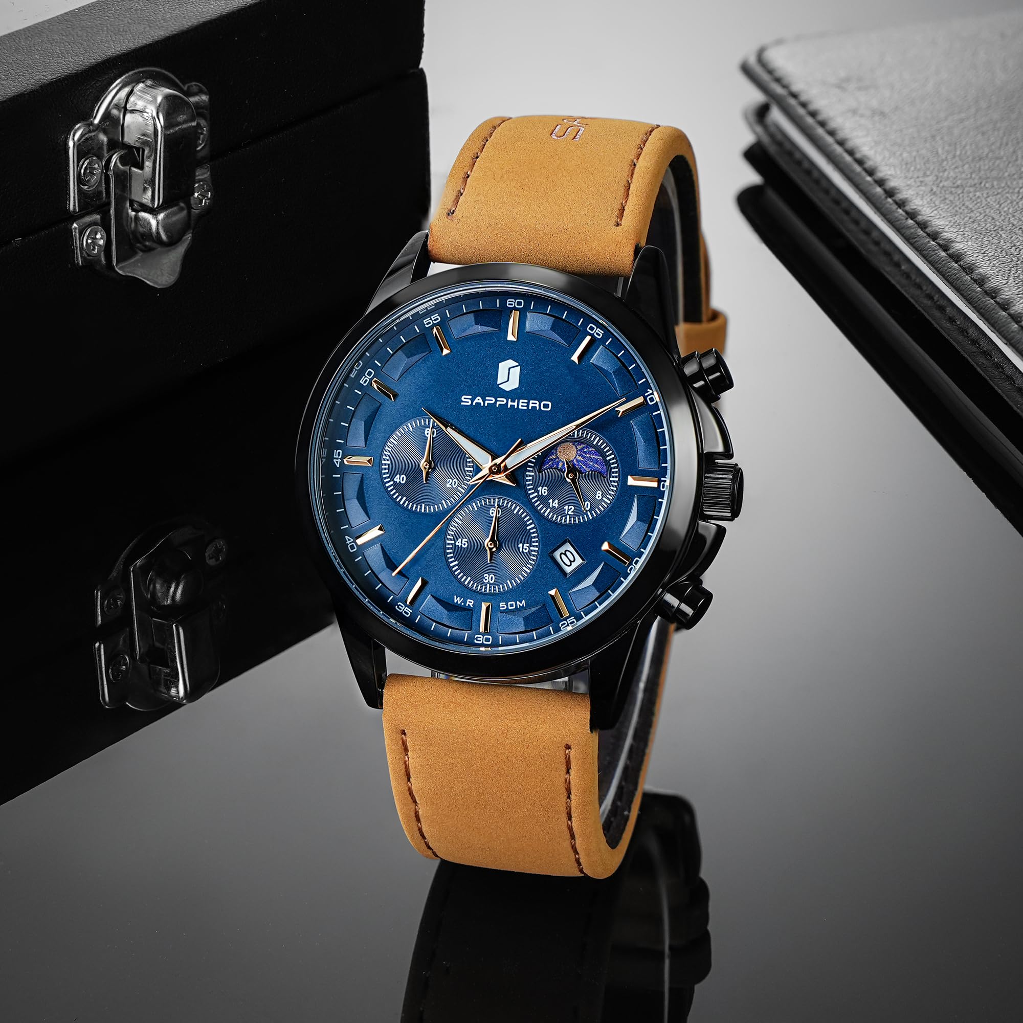 SAPPHERO Chronograph Watches for Men, Original Business Casual Stainless Steel Analog Watch 50M Waterproof Luminous Watches with Date Dial, Mens Gift