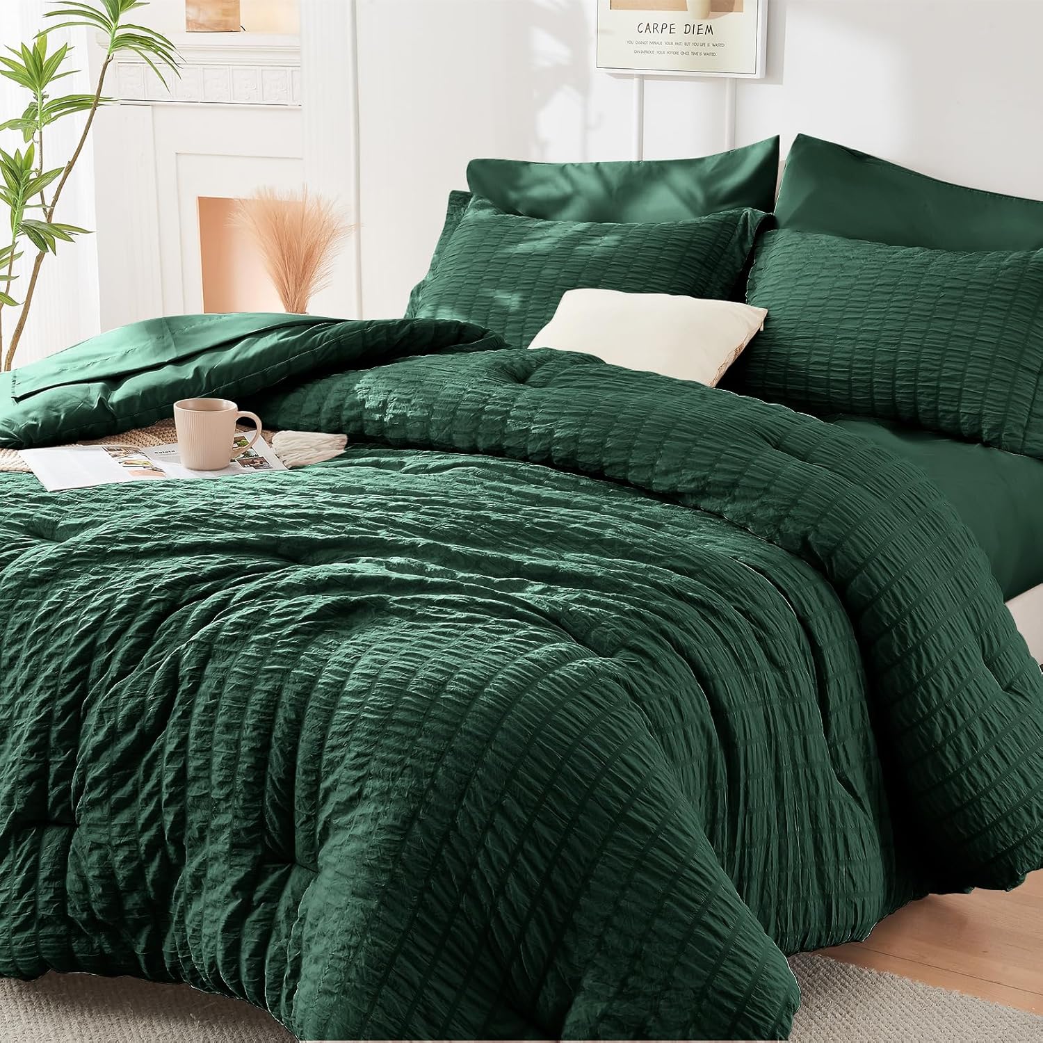 HYMOKEGE 7 Piece King Size Comforter Set Seersucker, All Season Luxury Bed in a Bag for Bedroom, Bedding Set with Comforters, Sheets, Pillowcases & Shams, Dark Grey