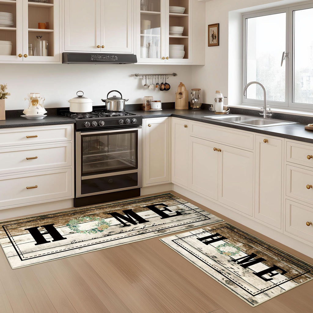 Tritard 100% Non Slip Kitchen Mats for Floor Washable Kitchen Rugs Sets of 3 Farmhouse Kitchen Runner Rug Soft Rustic Kitchen Floor Carpet for Hallway, Laundry, Sink, Office, Brown