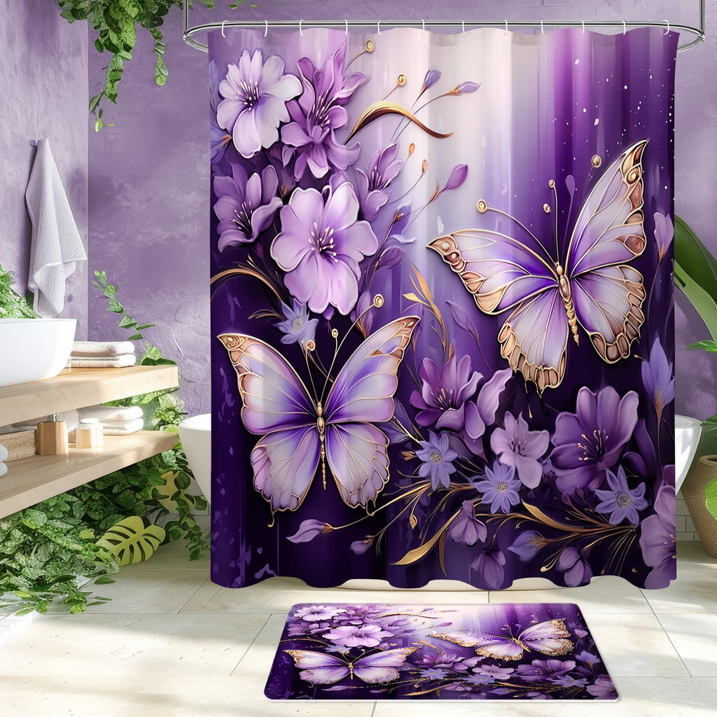 Litabel 4 Pcs Black Floral Butterfly Shower Curtain Set with Non-Slip Rugs, White Gold Modern Toilet Lid Cover and Bath Mat, Elegant Bathroom Decor Set (Hooks Not Included)