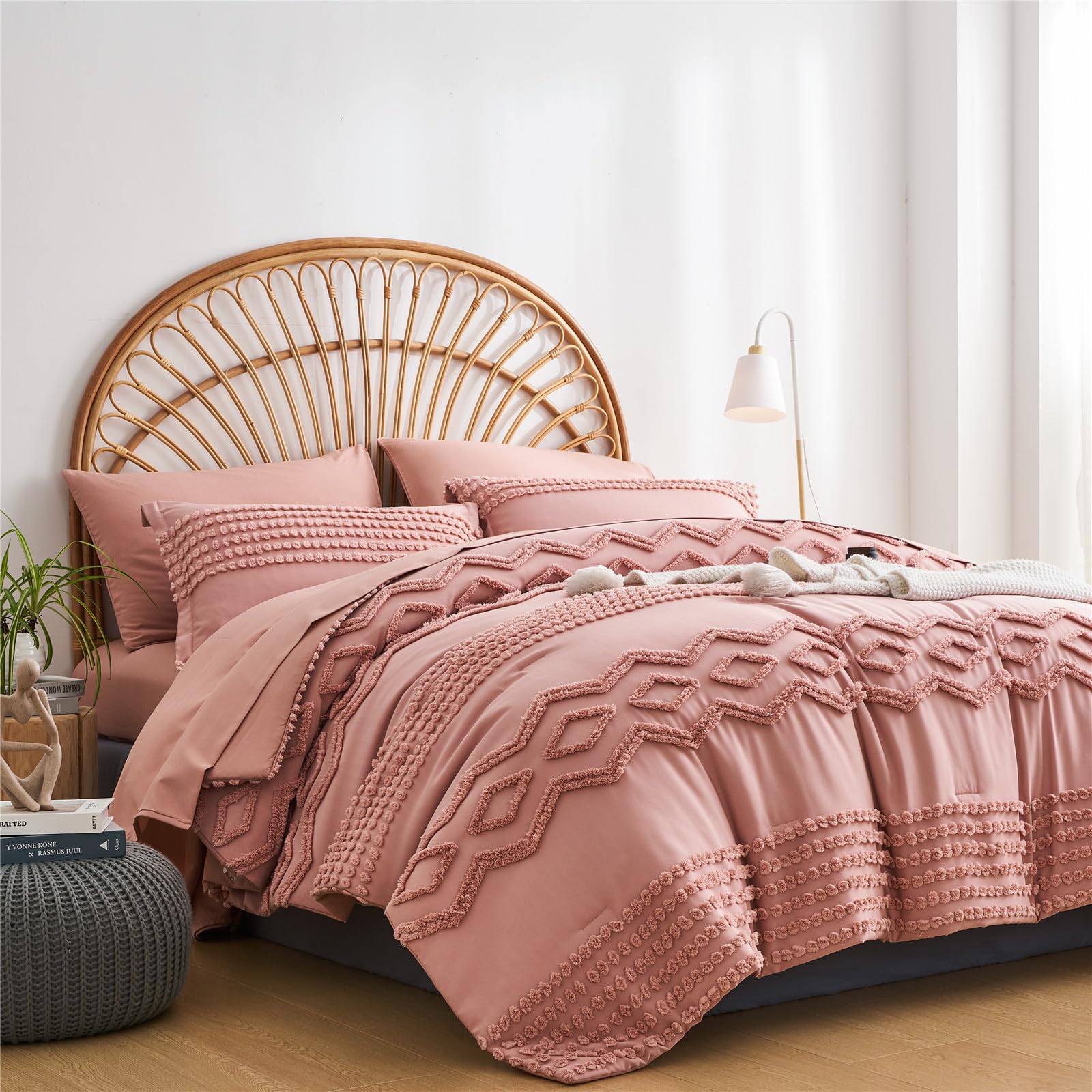 KAKIJUMN Grey Tufted Comforter Set King Size 7 Piece Bed in a Bag, Shabby Chic Boho Comforter and Sheet Set, Pom Pom Textured Bed Set, All Season Soft Microfiber Complete Bedding Set(Grey,King)