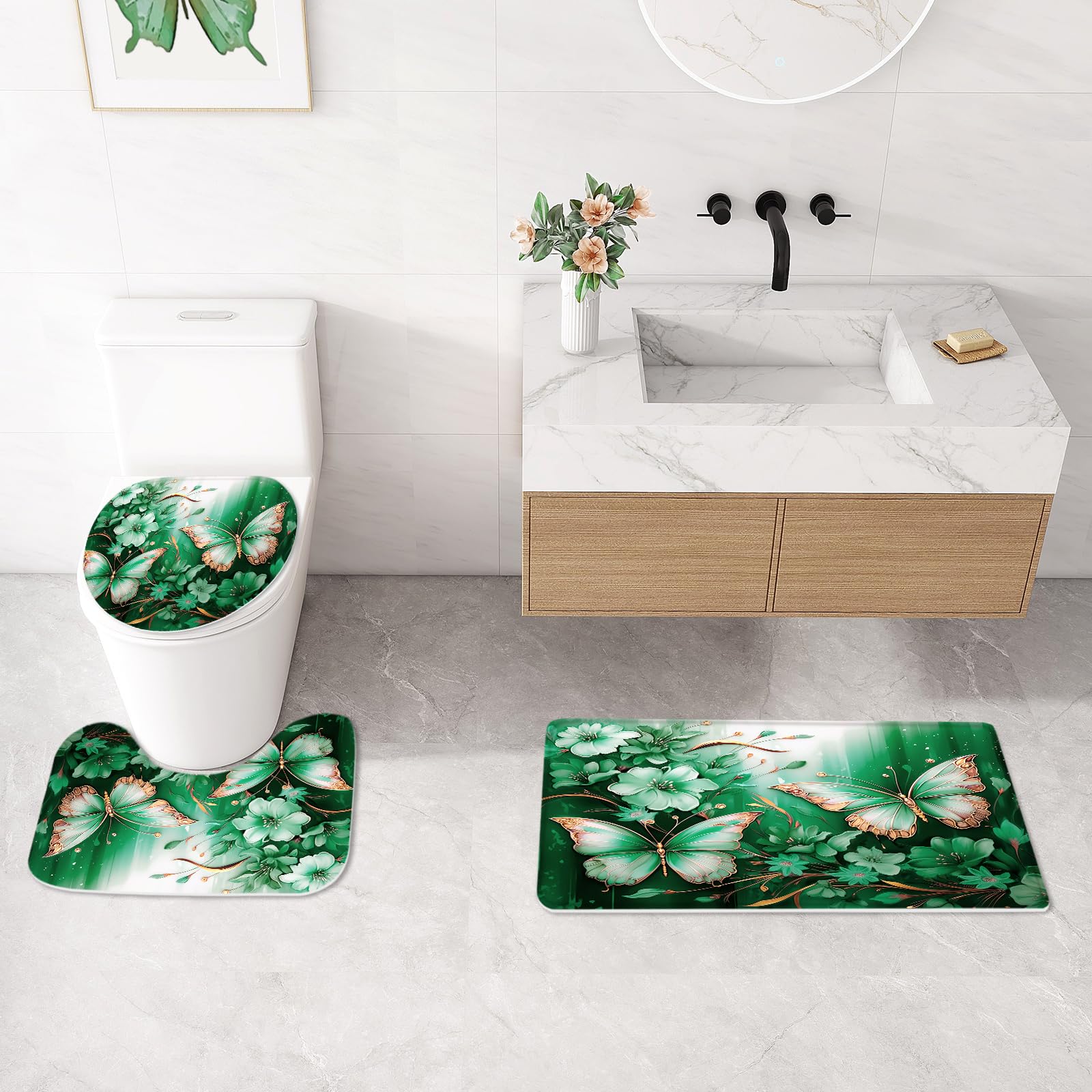 Litabel 4 Pcs Black Floral Butterfly Shower Curtain Set with Non-Slip Rugs, White Gold Modern Toilet Lid Cover and Bath Mat, Elegant Bathroom Decor Set (Hooks Not Included)