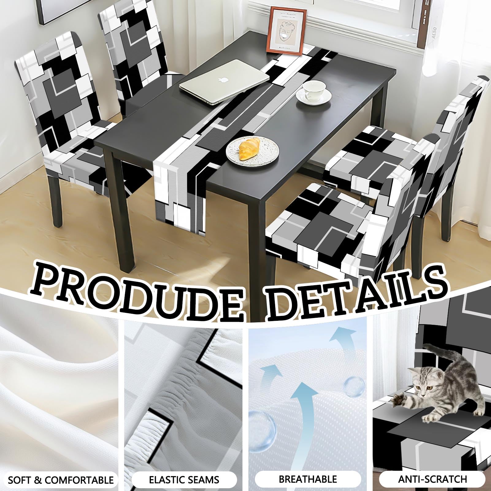 MCALK Geometric Navy Blue Chair Covers Set of 4 and Table Runner,Stretch Navy Blue Chair Slipcovers for Kitchen,Washable Removable Chair Protector Modern Chair Covers for Dining Room