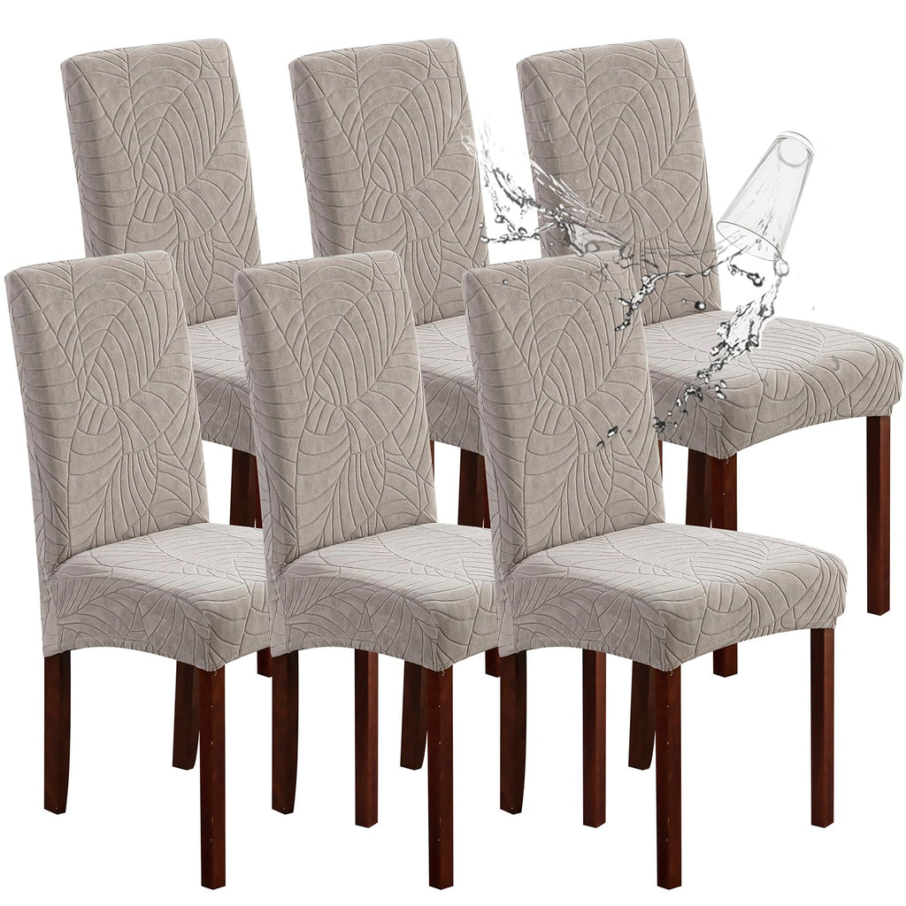 Genina Waterproof Chair Covers for Dining Room 6 Pack, Stretch Jacquard Dining Chair Cover Removable Washable Chair Protectors Cover for Kitchen, Home (Leaves-Warm Gray, 6 PCS)