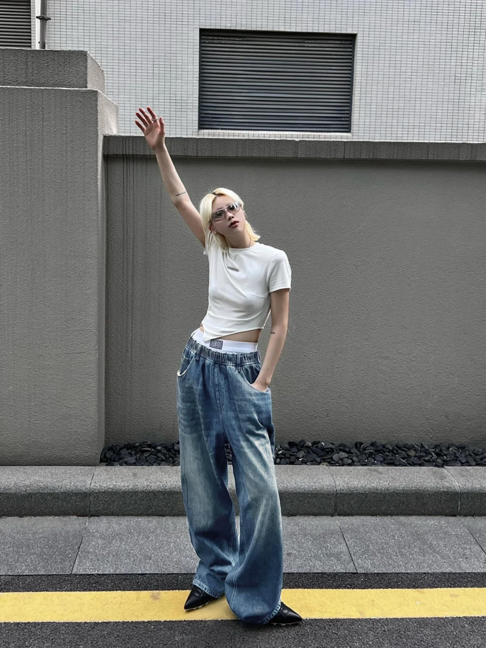 EMMIOL Women Baggy Jeans Mid-Low Waist Boyfriend Streetwear Vintage Jeans Wide Leg Denim Pants