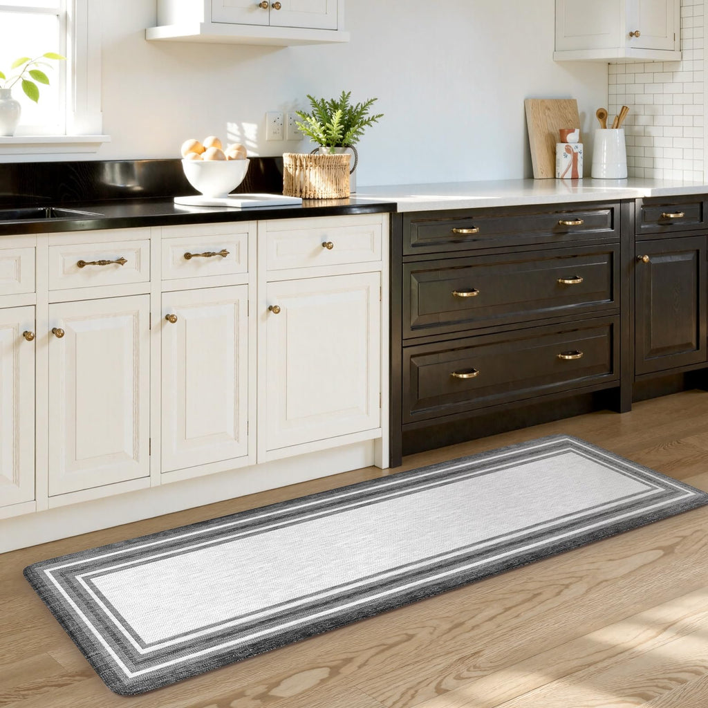 KIMODE Kitchen Mats 2PCS,Cushioned Anti Fatigue Kitchen Rugs and Mats,Non Skid Waterproof Kitchen Mats for Floor,Comfort Foam Standing Mat for Home Decor, Office,Sink,Laundry Room,Desk,Black and White