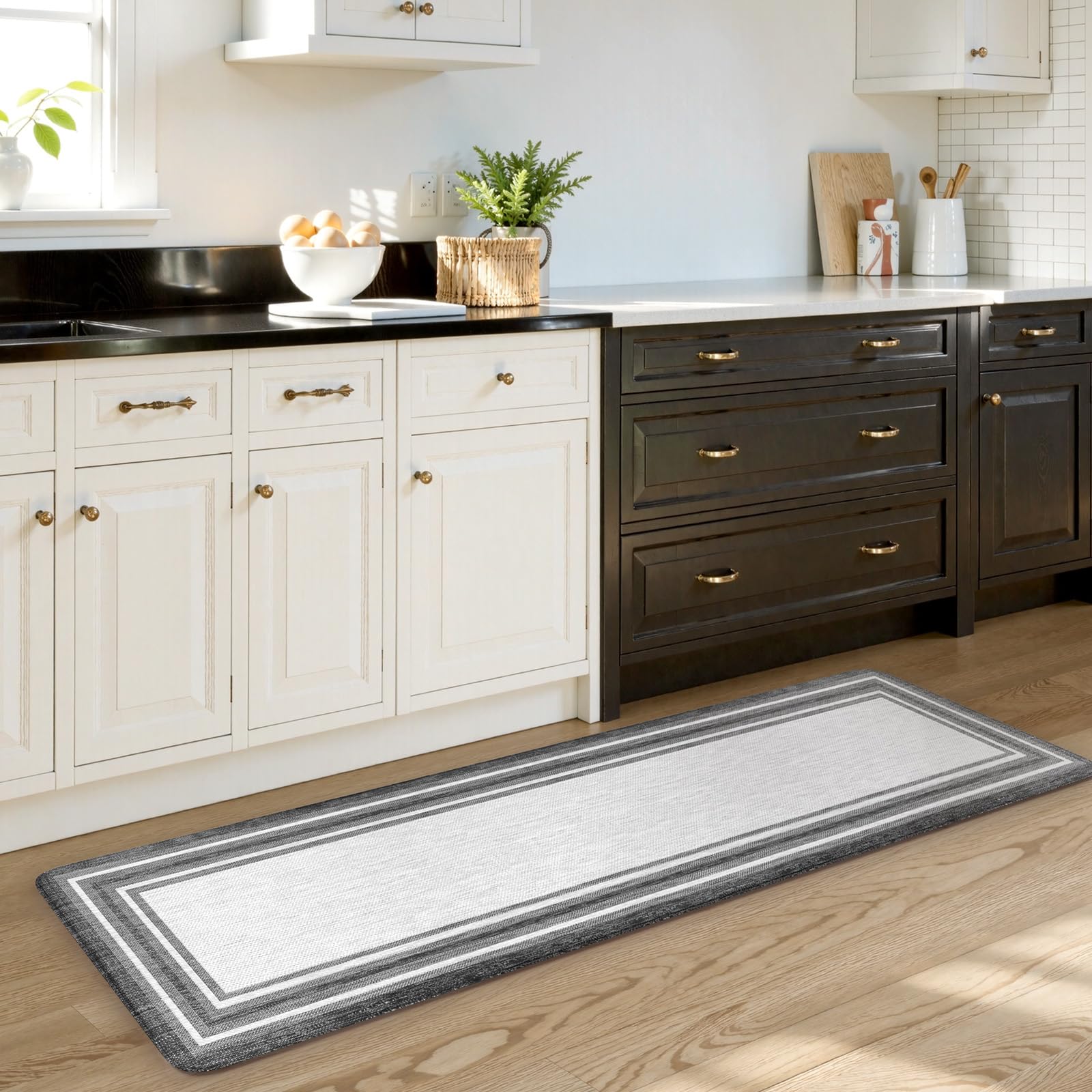 KIMODE Kitchen Mats 2PCS,Cushioned Anti Fatigue Kitchen Rugs and Mats,Non Skid Waterproof Kitchen Mats for Floor,Comfort Foam Standing Mat for Home Decor, Office,Sink,Laundry Room,Desk,Black and White