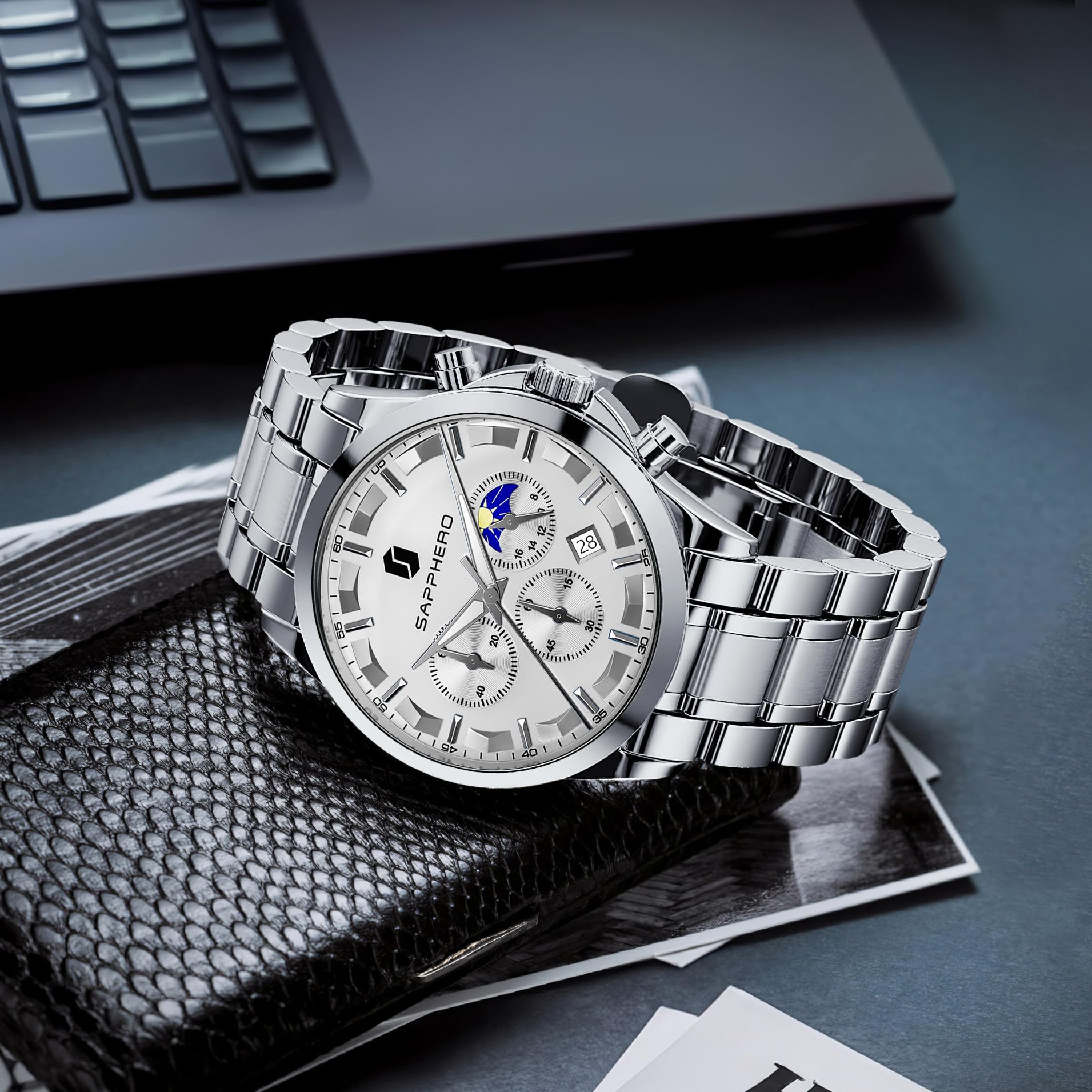 SAPPHERO Chronograph Watches for Men, Original Business Casual Stainless Steel Analog Watch 50M Waterproof Luminous Watches with Date Dial, Mens Gift