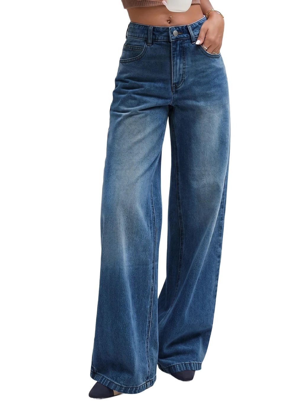 EMMIOL Women Baggy Jeans Mid-Low Waist Boyfriend Streetwear Vintage Jeans Wide Leg Denim Pants