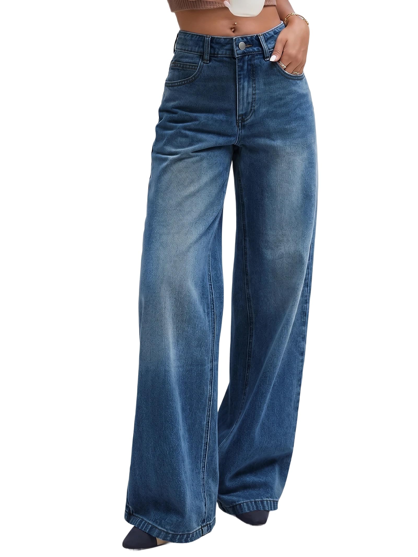 EMMIOL Women Baggy Jeans Mid-Low Waist Boyfriend Streetwear Vintage Jeans Wide Leg Denim Pants