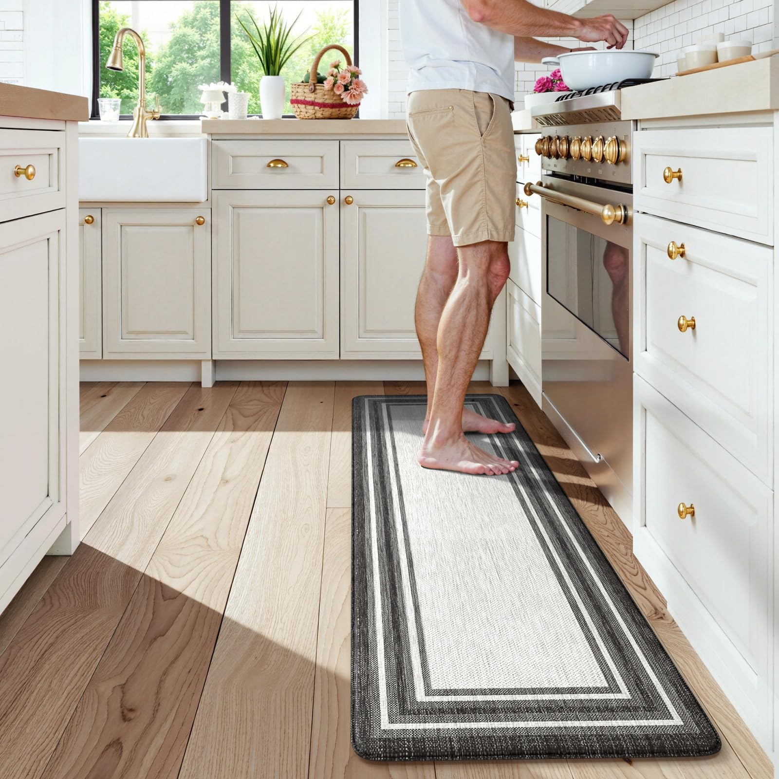 KIMODE Kitchen Mats 2PCS,Cushioned Anti Fatigue Kitchen Rugs and Mats,Non Skid Waterproof Kitchen Mats for Floor,Comfort Foam Standing Mat for Home Decor, Office,Sink,Laundry Room,Desk,Black and White