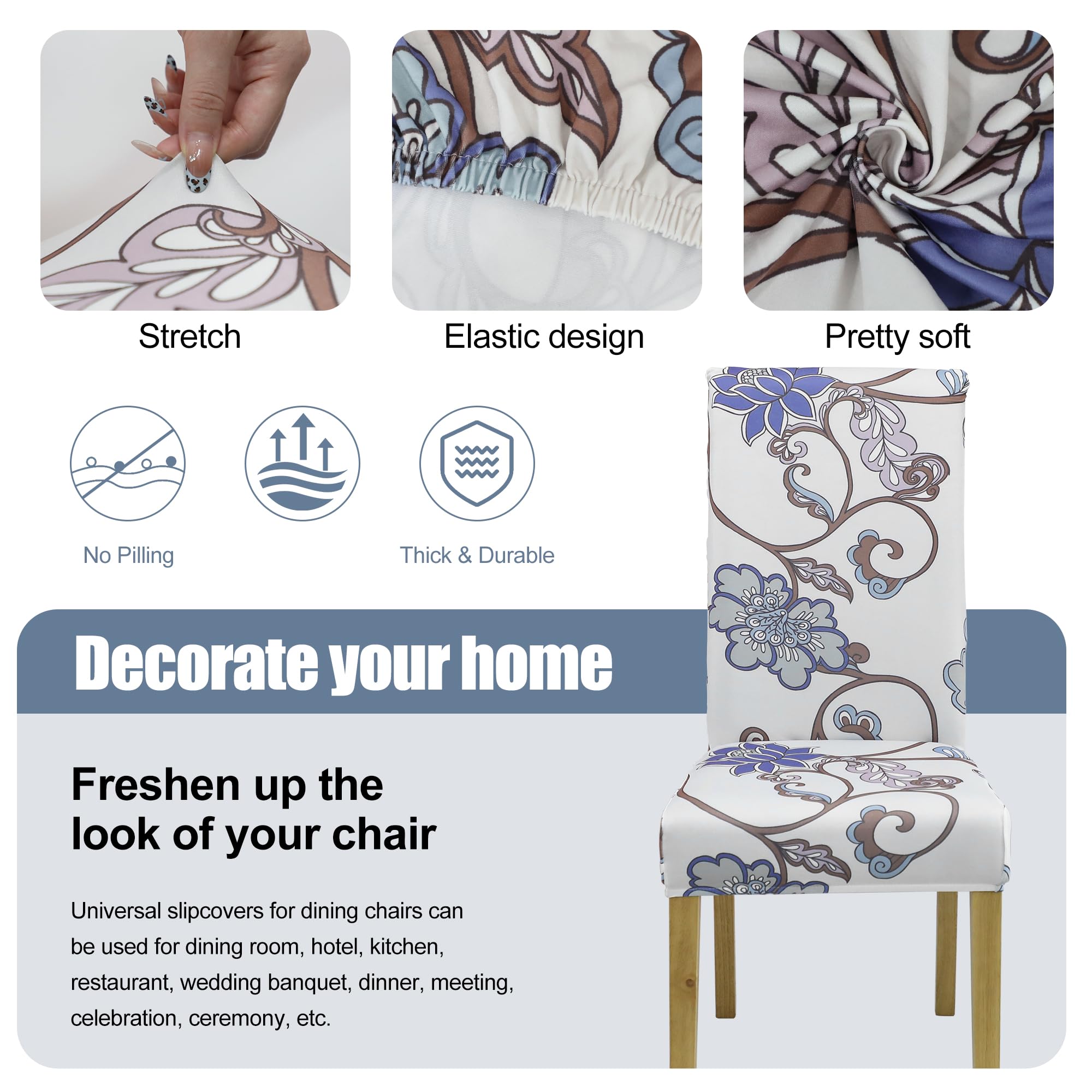 BIETYONE Stretch Dining Chair Covers Set of 6, Soft Removable Washable Kitchen Parsons Chair Slipcovers, High Elastic Seat Protector for Home Hotel Banquet