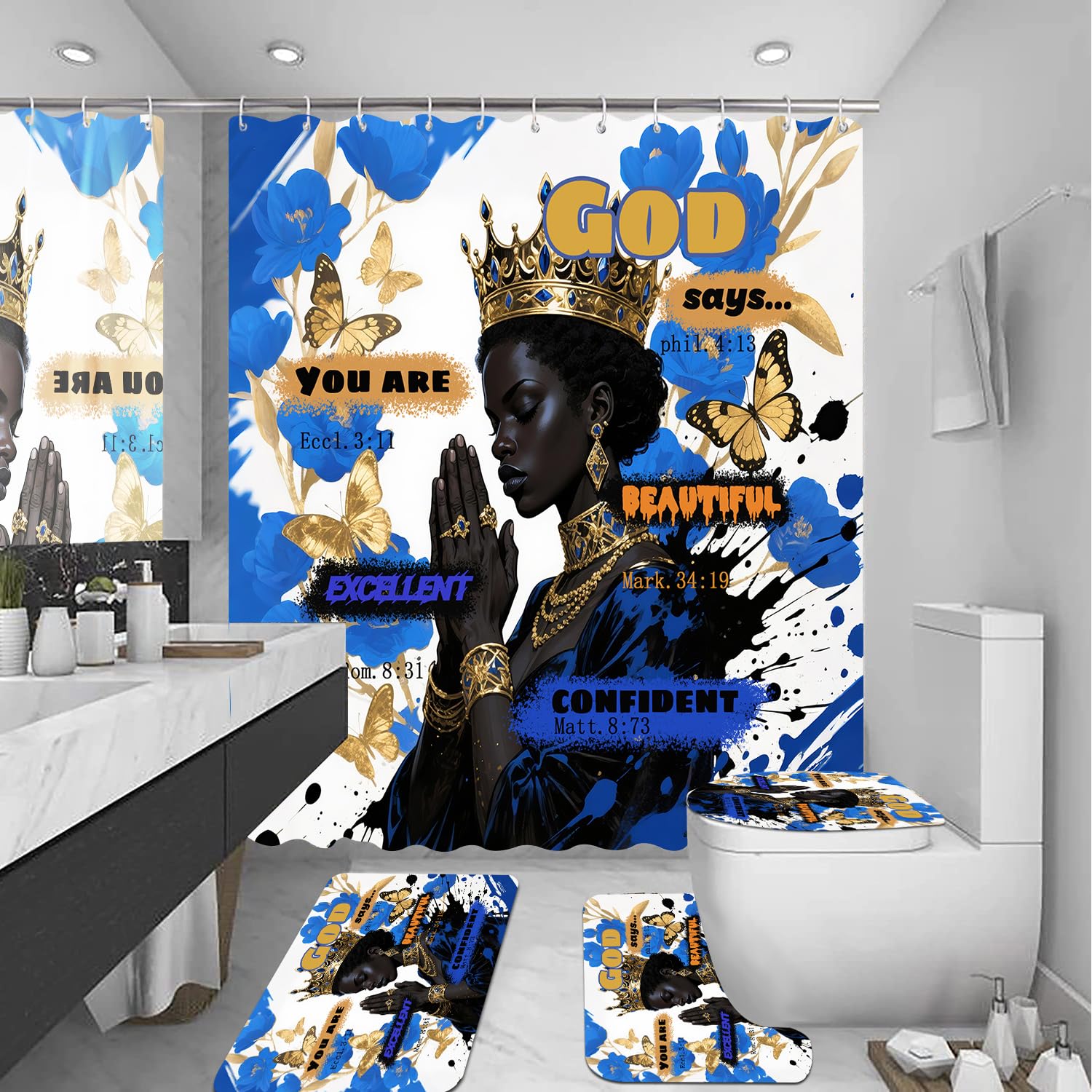 African American Shower Curtain Sets for Bathroom, Black Praying King Bathroom Sets with Waterproof Shower Curtain and Non-Slip Rugs Toilet Lid Cover Bath Mat, Cool Unique Man Bathroom Decor Sets