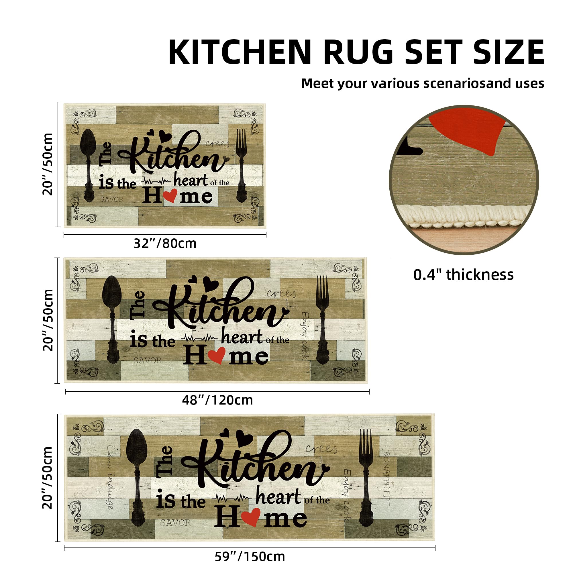 Tritard 100% Non Slip Kitchen Mats for Floor Washable Kitchen Rugs Sets of 3 Farmhouse Kitchen Runner Rug Soft Rustic Kitchen Floor Carpet for Hallway, Laundry, Sink, Office, Brown