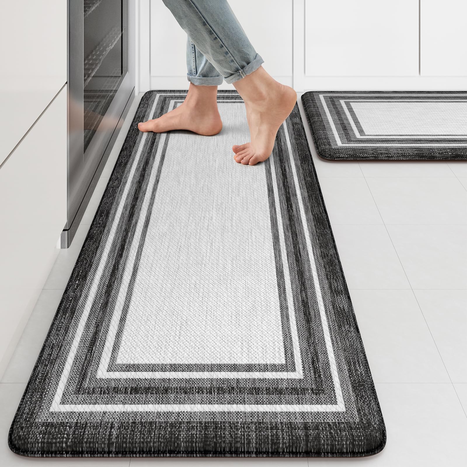 KIMODE Kitchen Mats 2PCS,Cushioned Anti Fatigue Kitchen Rugs and Mats,Non Skid Waterproof Kitchen Mats for Floor,Comfort Foam Standing Mat for Home Decor, Office,Sink,Laundry Room,Desk,Black and White