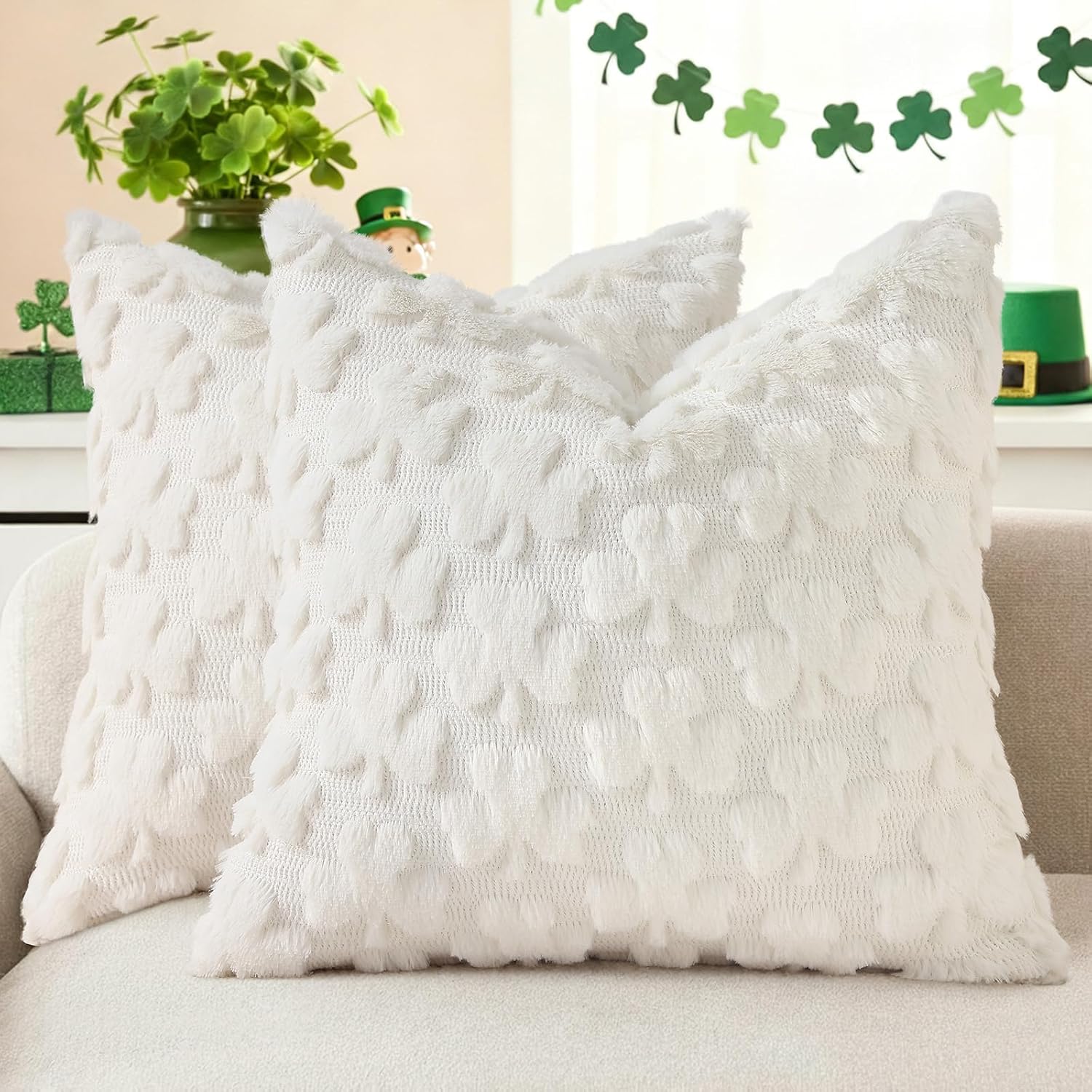 decorUhome Throw Pillow Covers 18x18 Inch Set of 2, Soft Plush Faux Wool Cream White Solid Couch Pillow Covers, Accent Farmhouse Neutral Square Pillow Cases for Sofa Bed Living Room