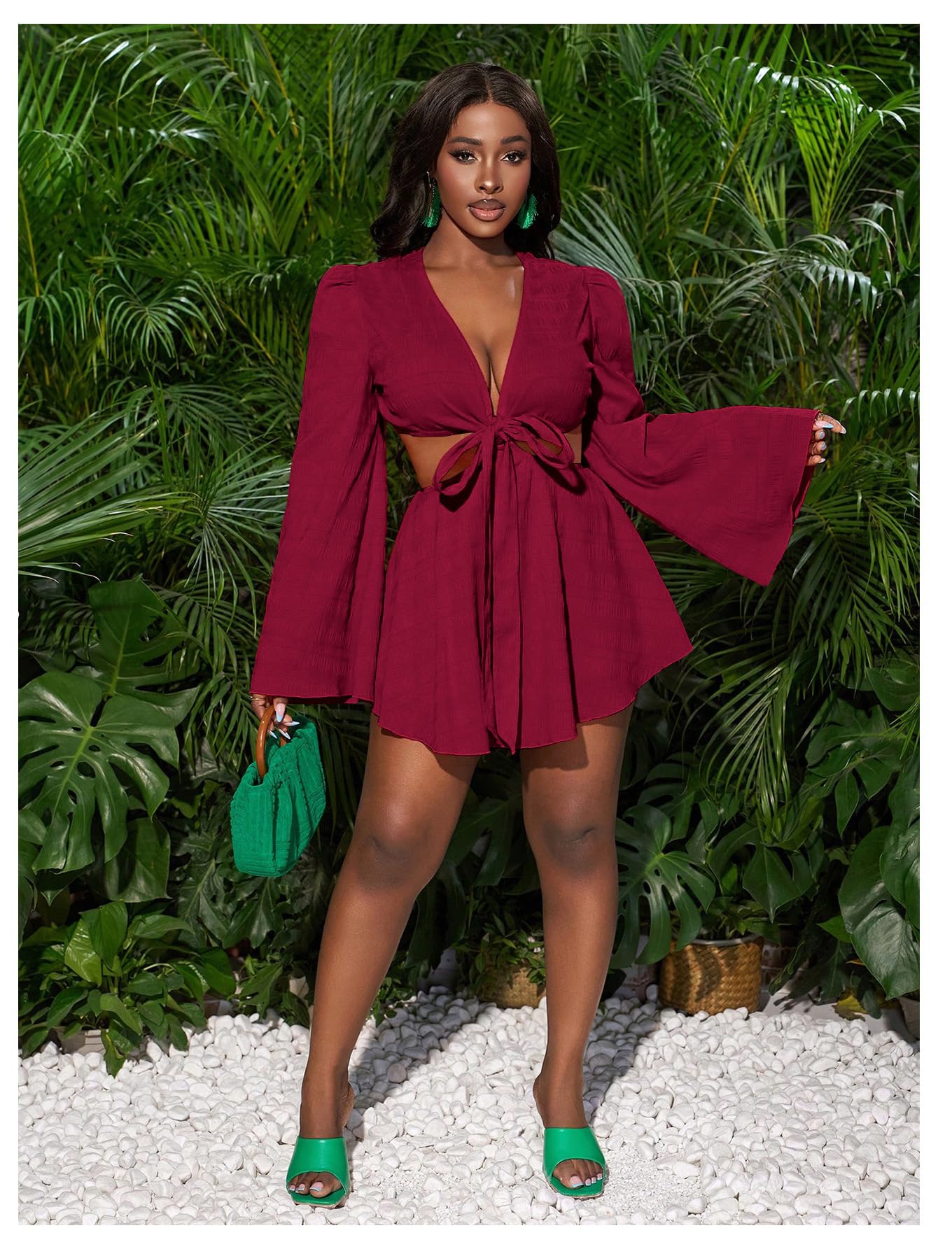 BEAUDRM Women's Tropical Dresses Summer Dress Vacation Beach Sundresses Sexy Long Bell Sleeve Two Piece Vacation Outfits