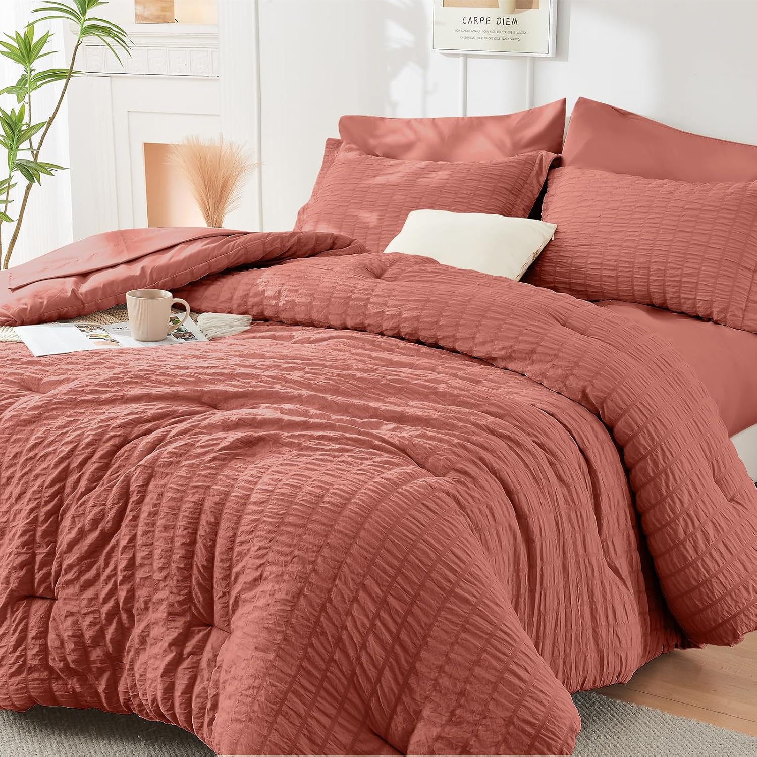 HYMOKEGE 7 Piece King Size Comforter Set Seersucker, All Season Luxury Bed in a Bag for Bedroom, Bedding Set with Comforters, Sheets, Pillowcases & Shams, Dark Grey